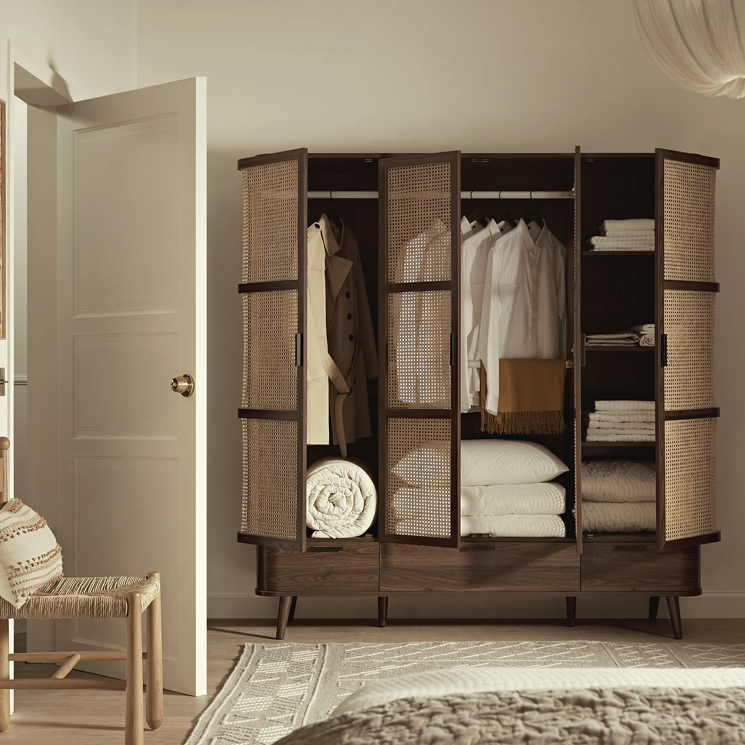 Izzy Curved Rattan 4-Door Wardrobe, Walnut - Image 2