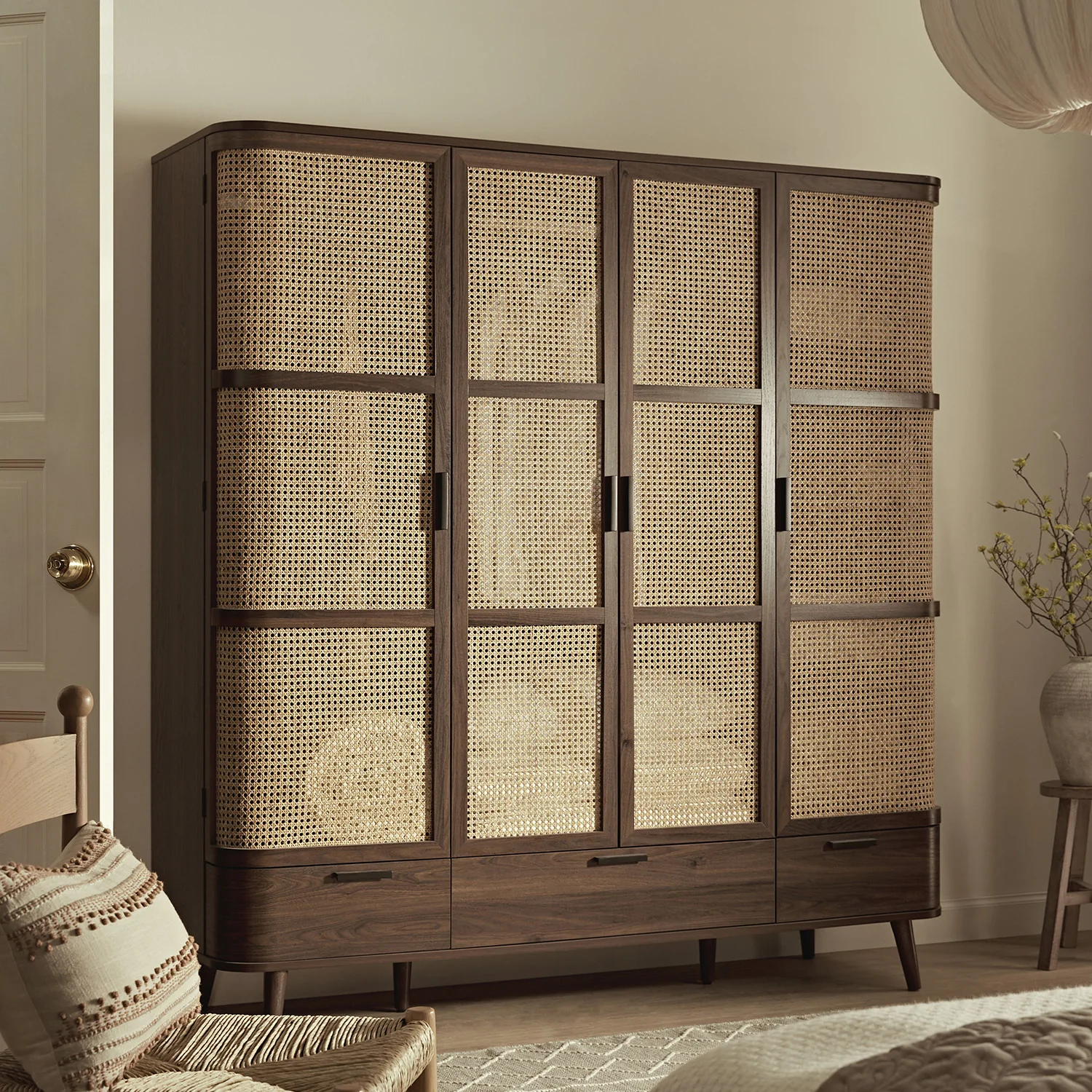 Izzy Curved Rattan 4-Door Wardrobe, Walnut - Image 3