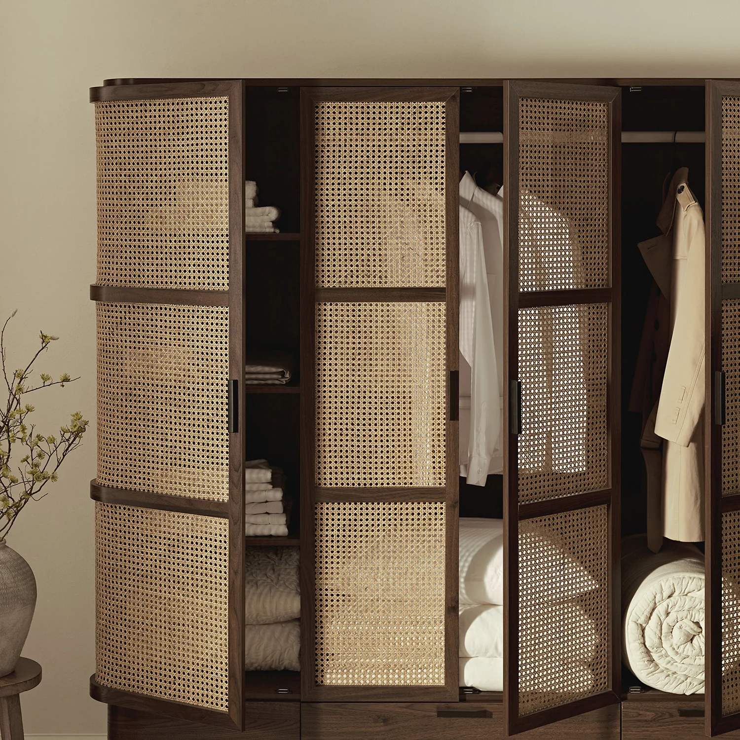 Izzy Curved Rattan 4-Door Wardrobe, Walnut - Image 4
