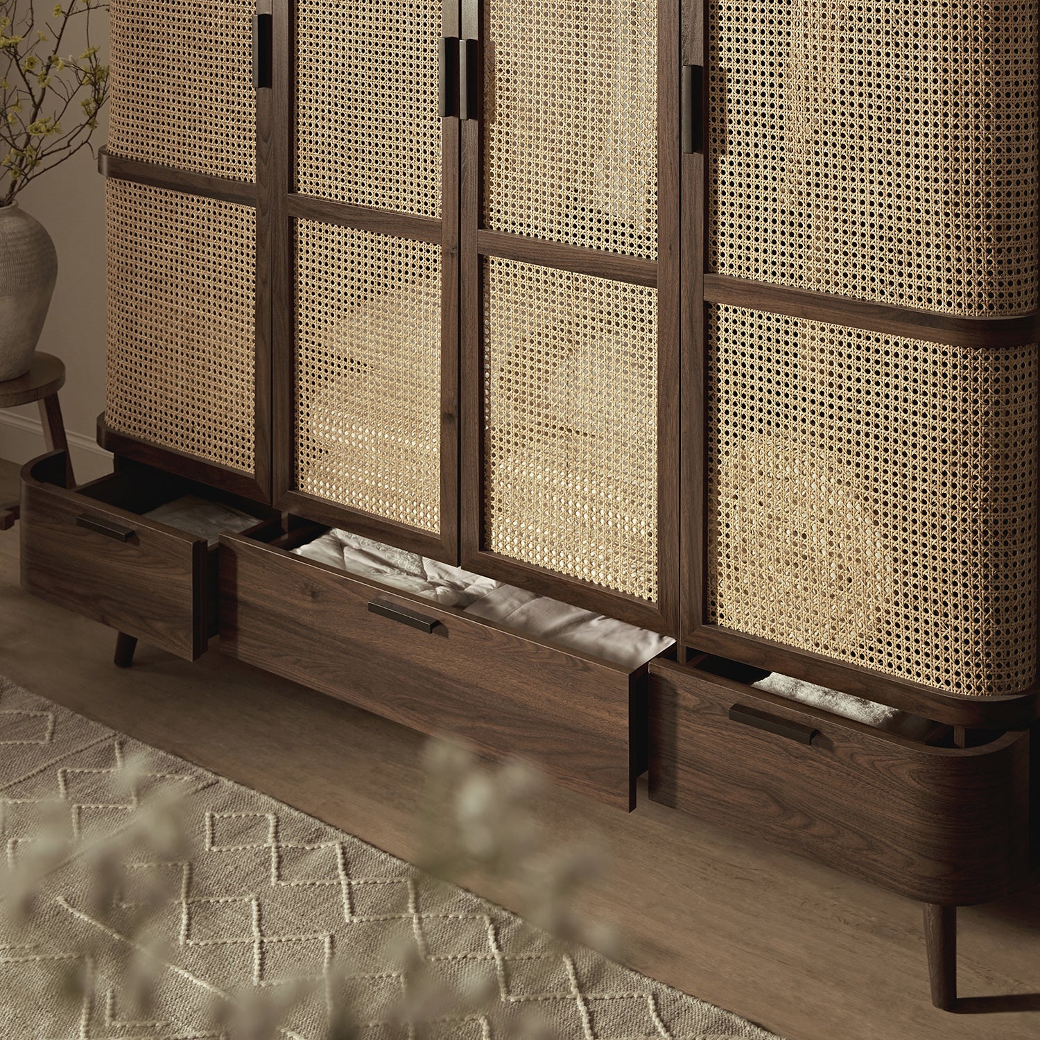 Izzy Curved Rattan 4-Door Wardrobe, Walnut - Image 5
