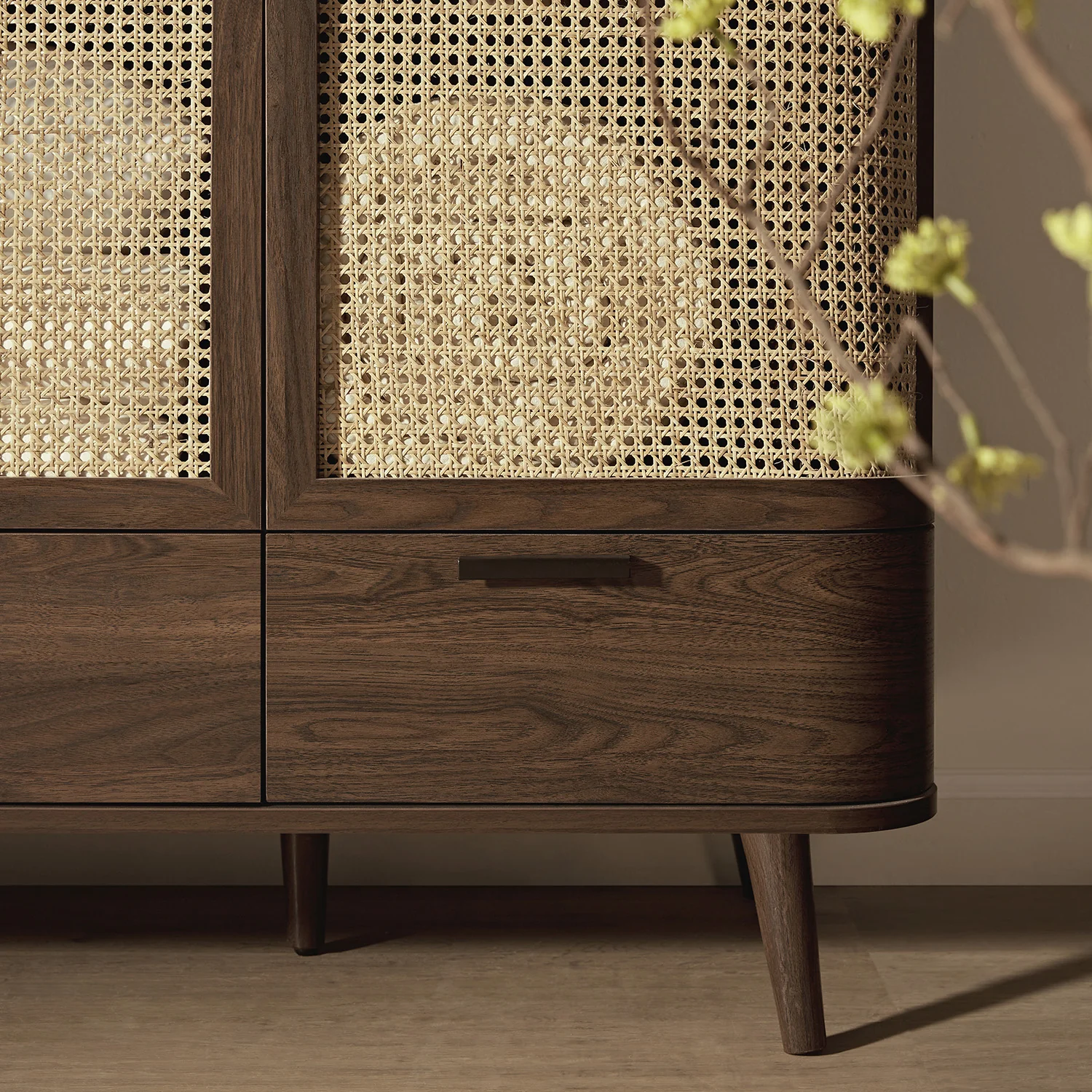 Izzy Curved Rattan 4-Door Wardrobe, Walnut - Image 6