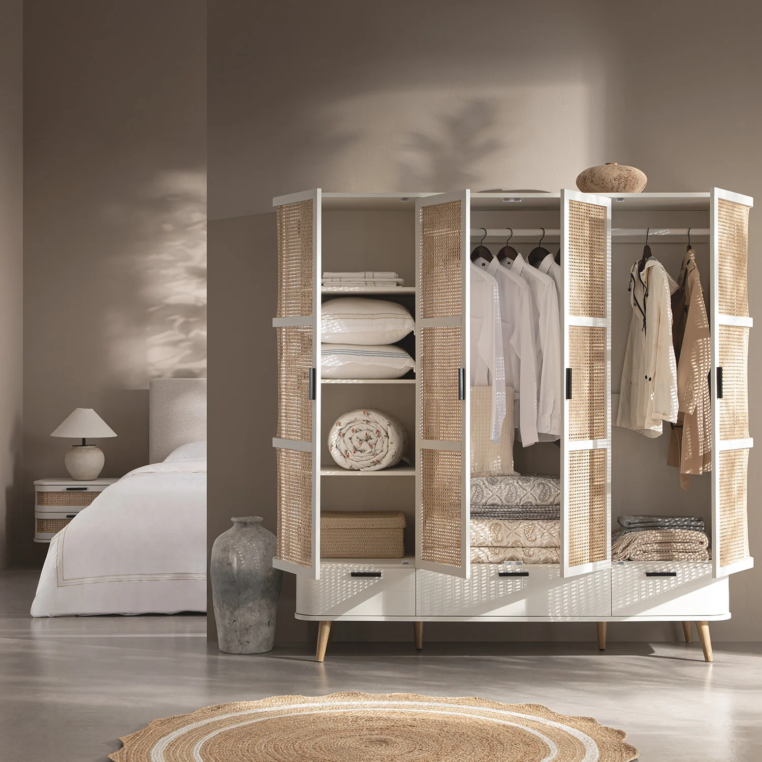 Izzy Curved Rattan 4-Door Wardrobe, White - Image 3