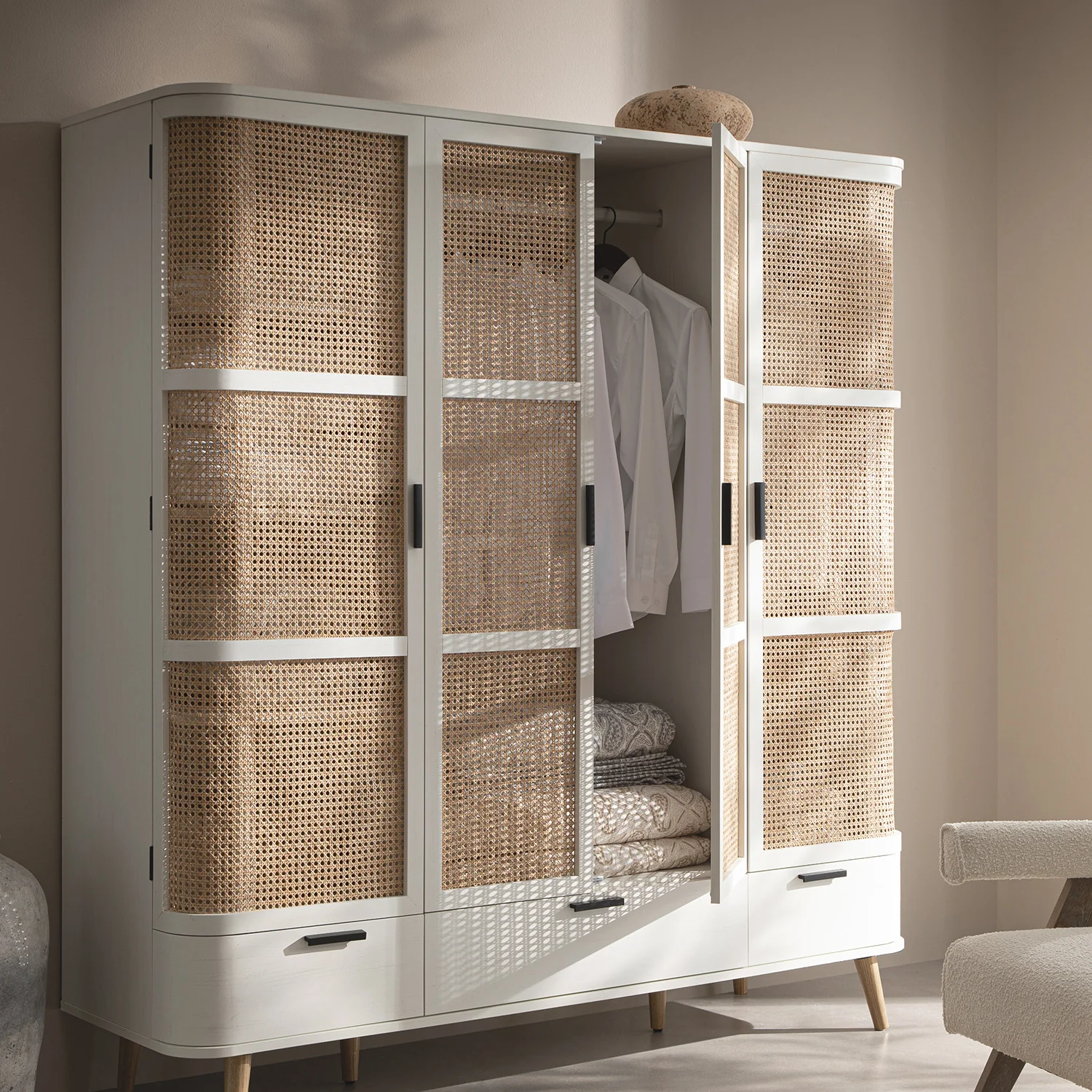Izzy Curved Rattan 4-Door Wardrobe, White - Image 4