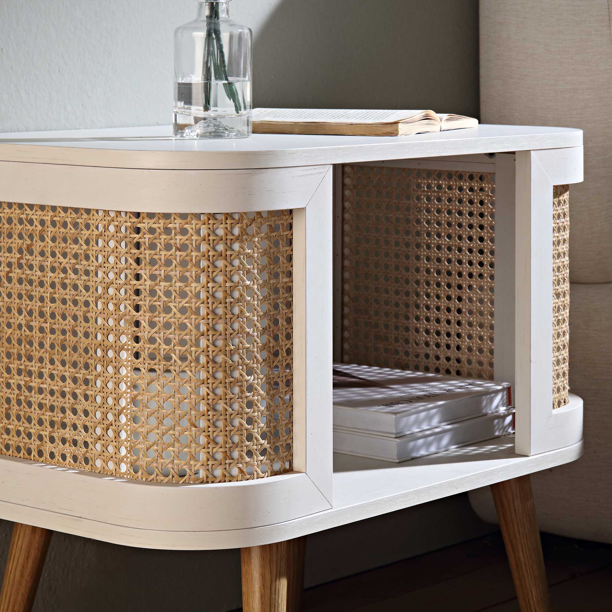 Izzy Curved Rattan Bedside Table, White - Image 3