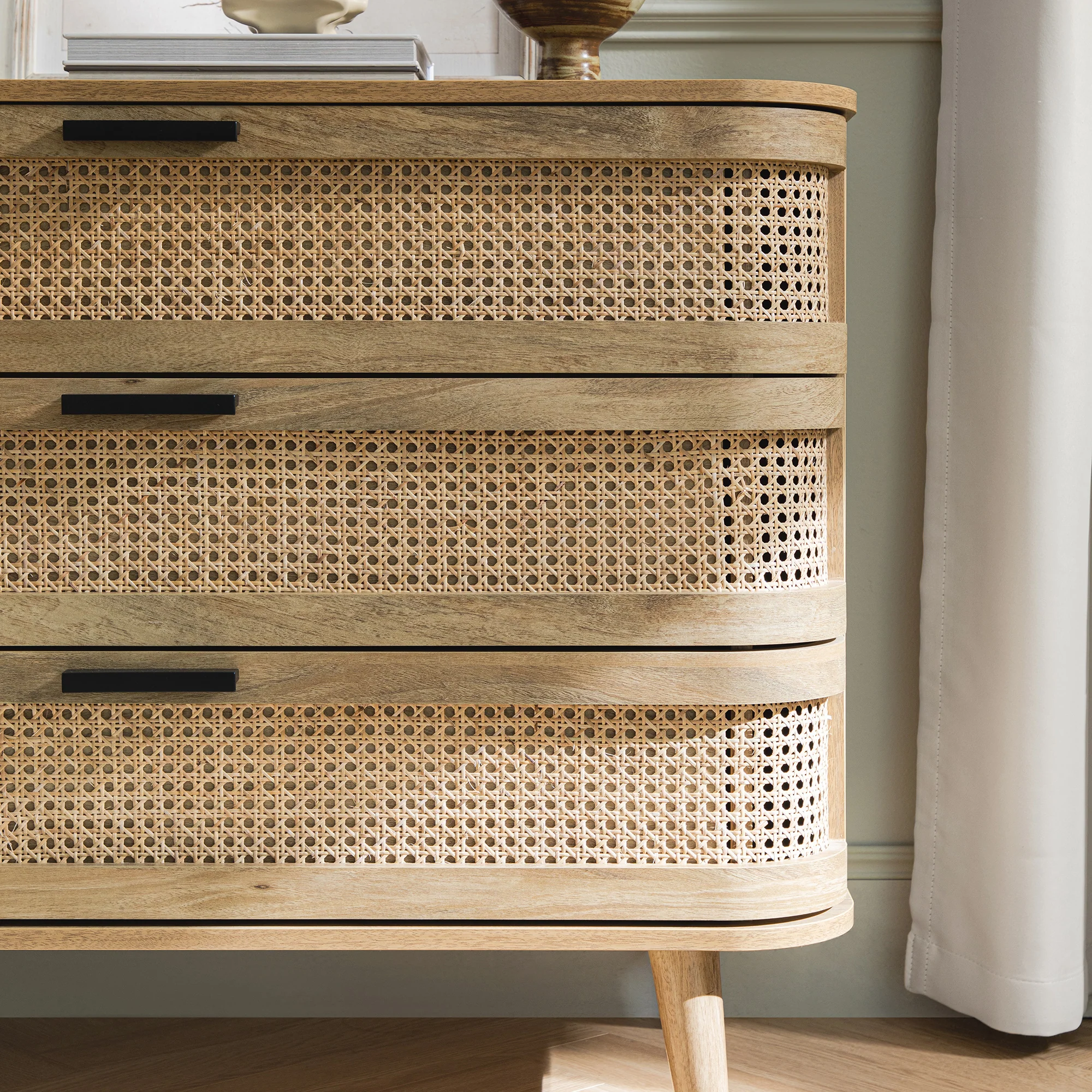Izzy Curved Rattan Chest of 3 Drawers, Natural - Image 3