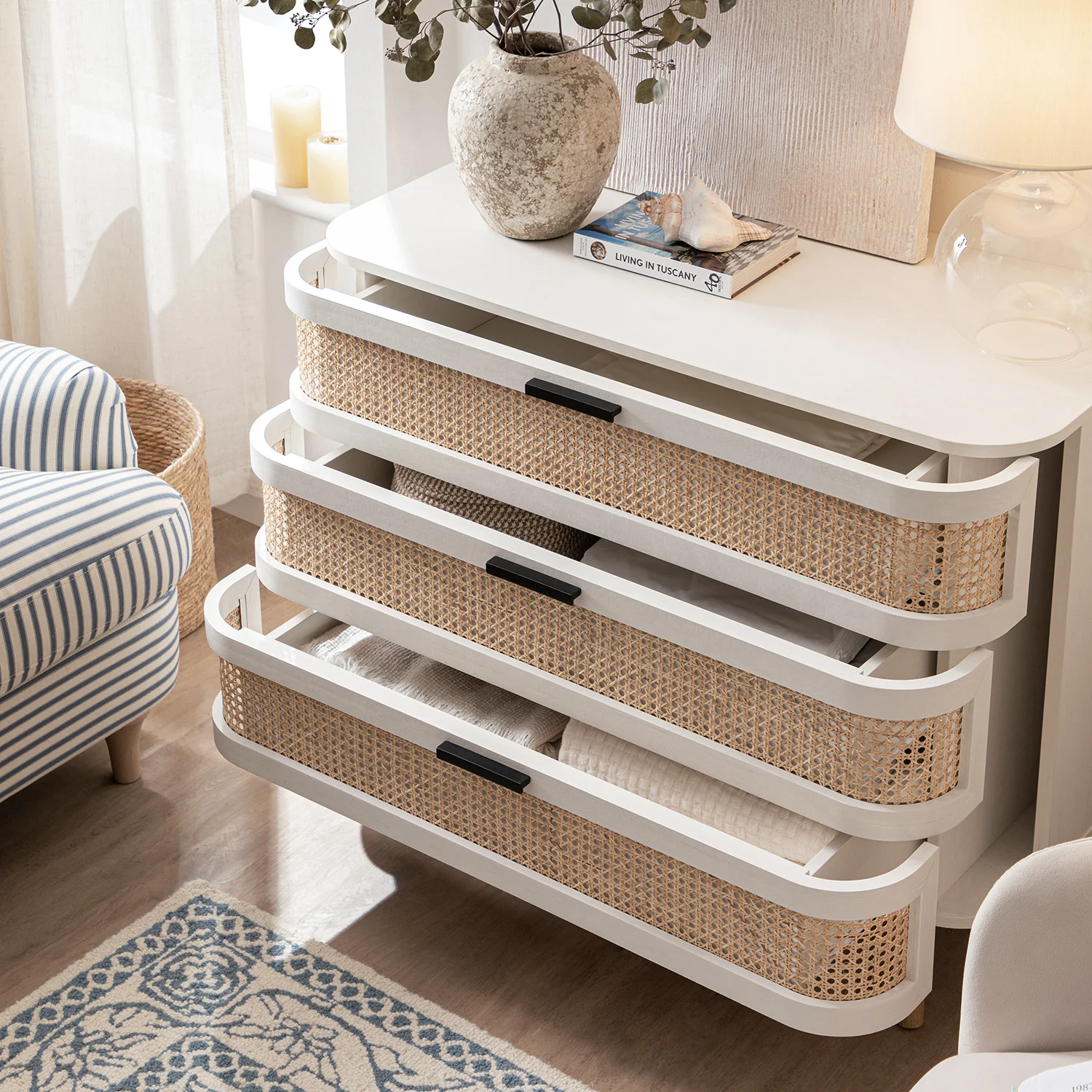 Izzy Curved Rattan Chest of 3 Drawers, White - Image 3
