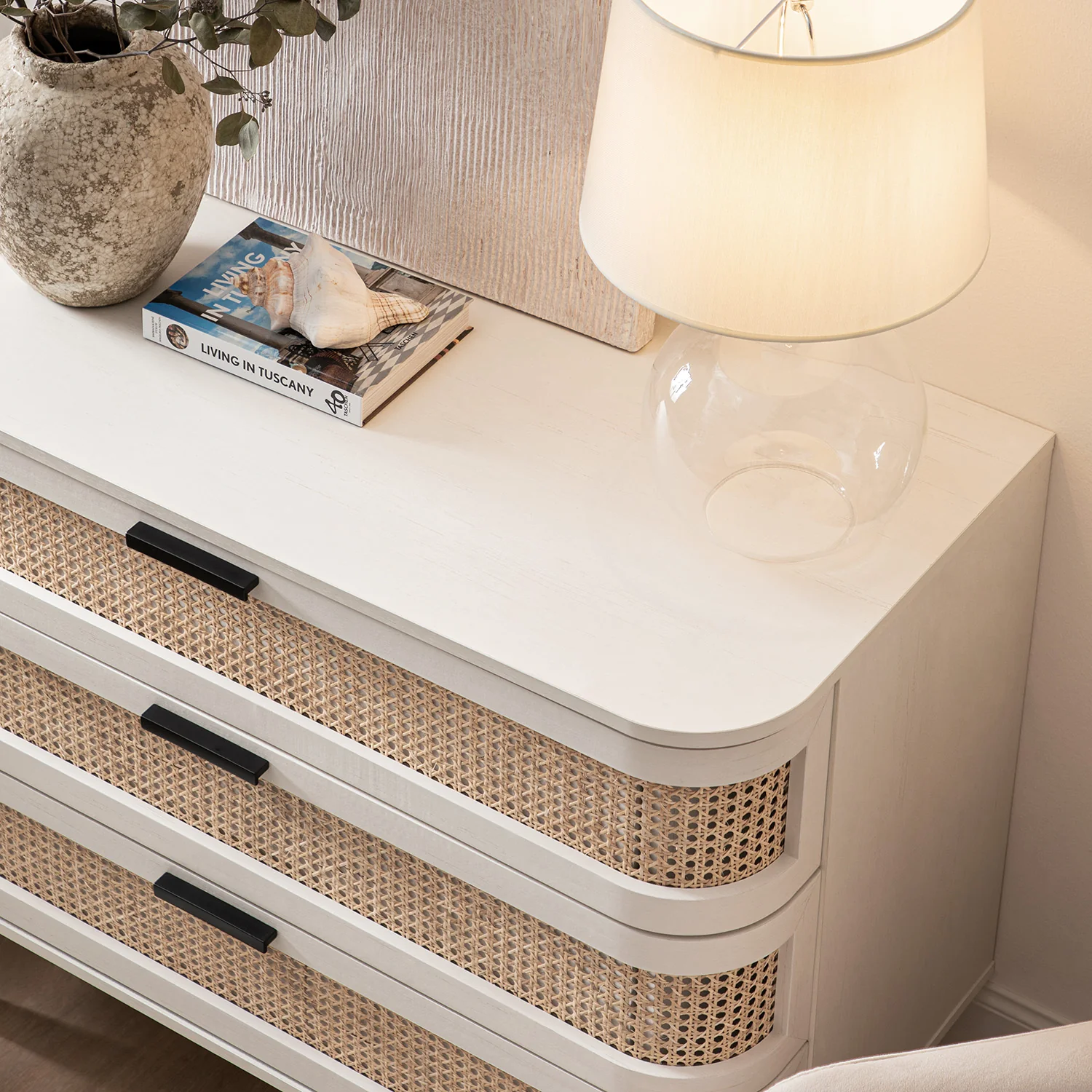 Izzy Curved Rattan Chest of 3 Drawers, White - Image 4