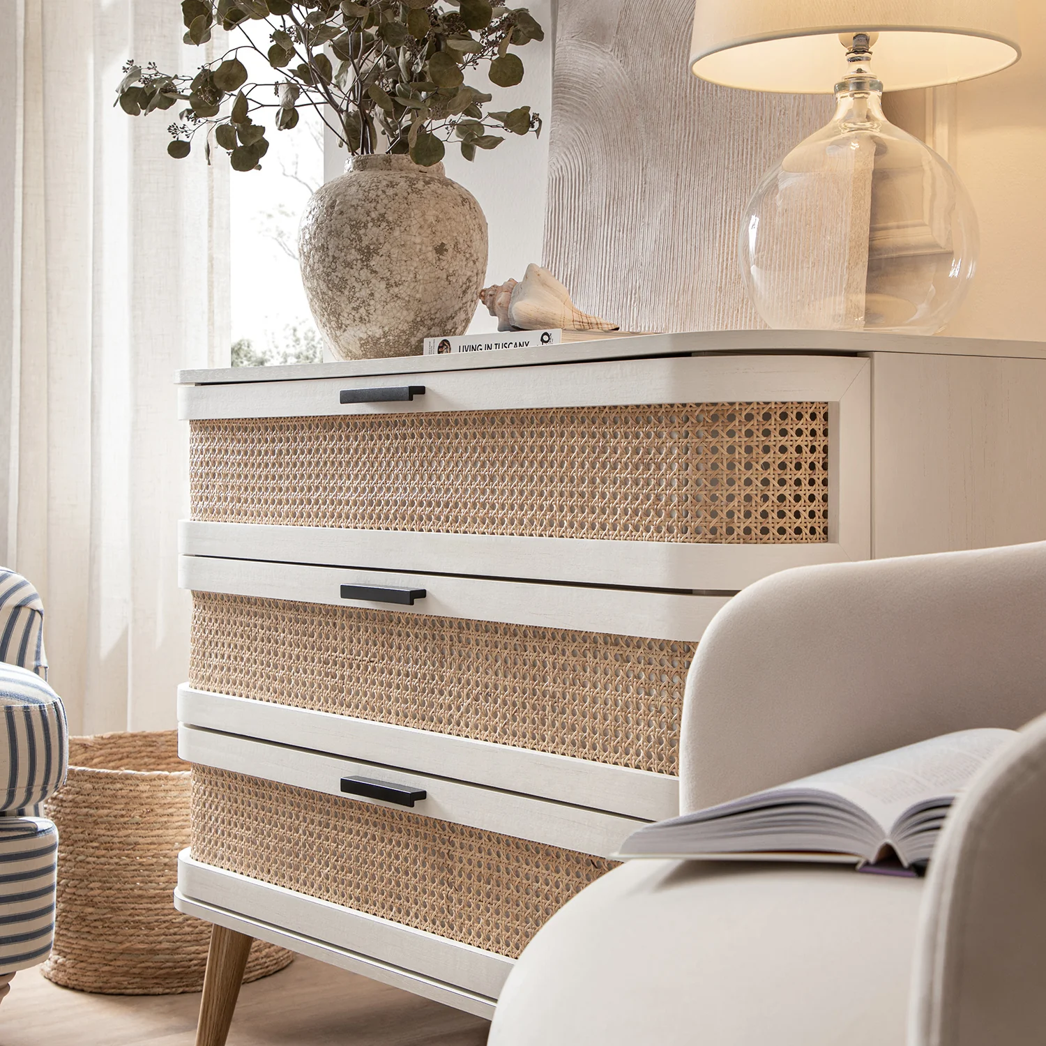 Izzy Curved Rattan Chest of 3 Drawers, White - Image 5