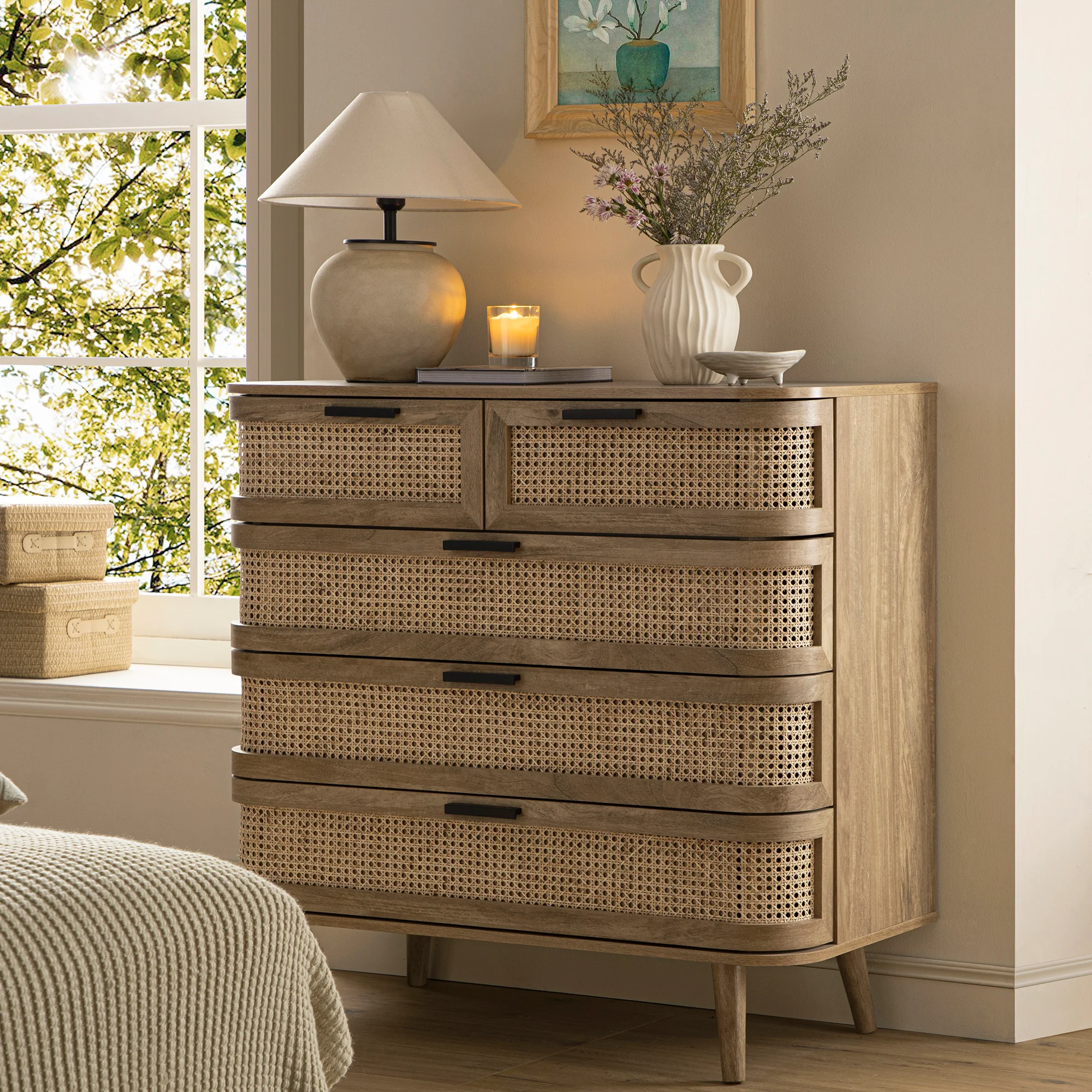 Izzy Curved Rattan Chest of 5 Drawers, Natural - Image 2