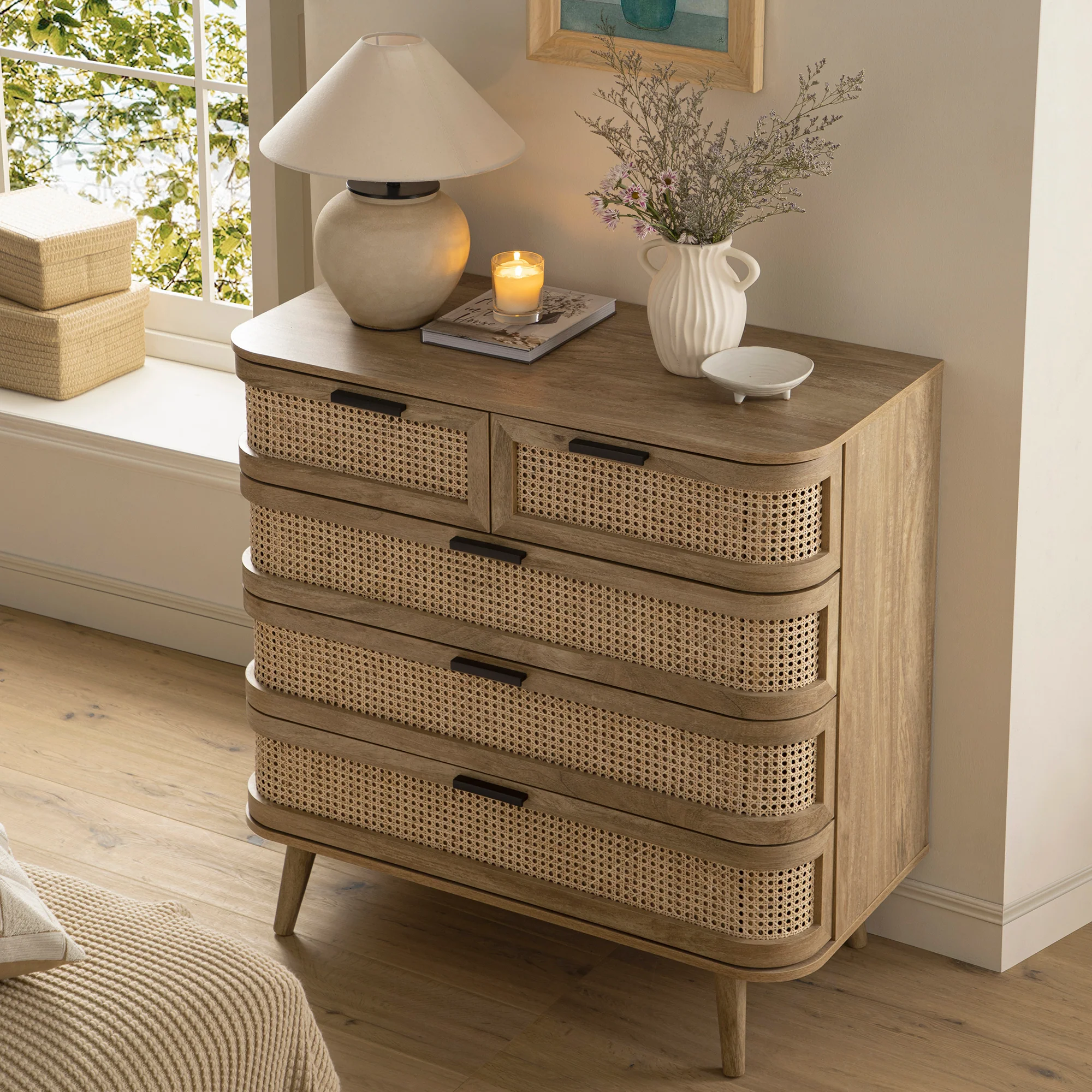Izzy Curved Rattan Chest of 5 Drawers, Natural - Image 3
