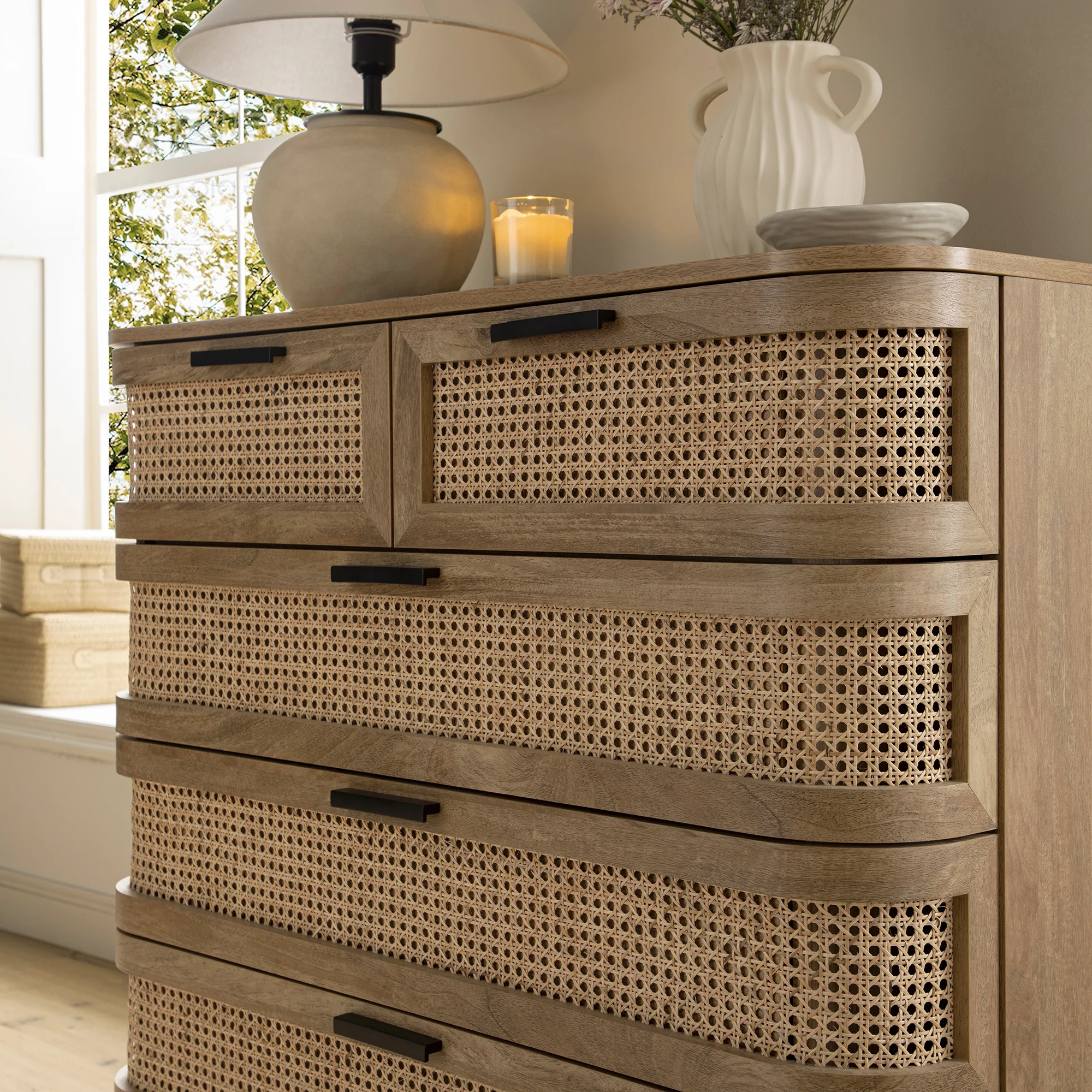 Izzy Curved Rattan Chest of 5 Drawers, Natural - Image 5