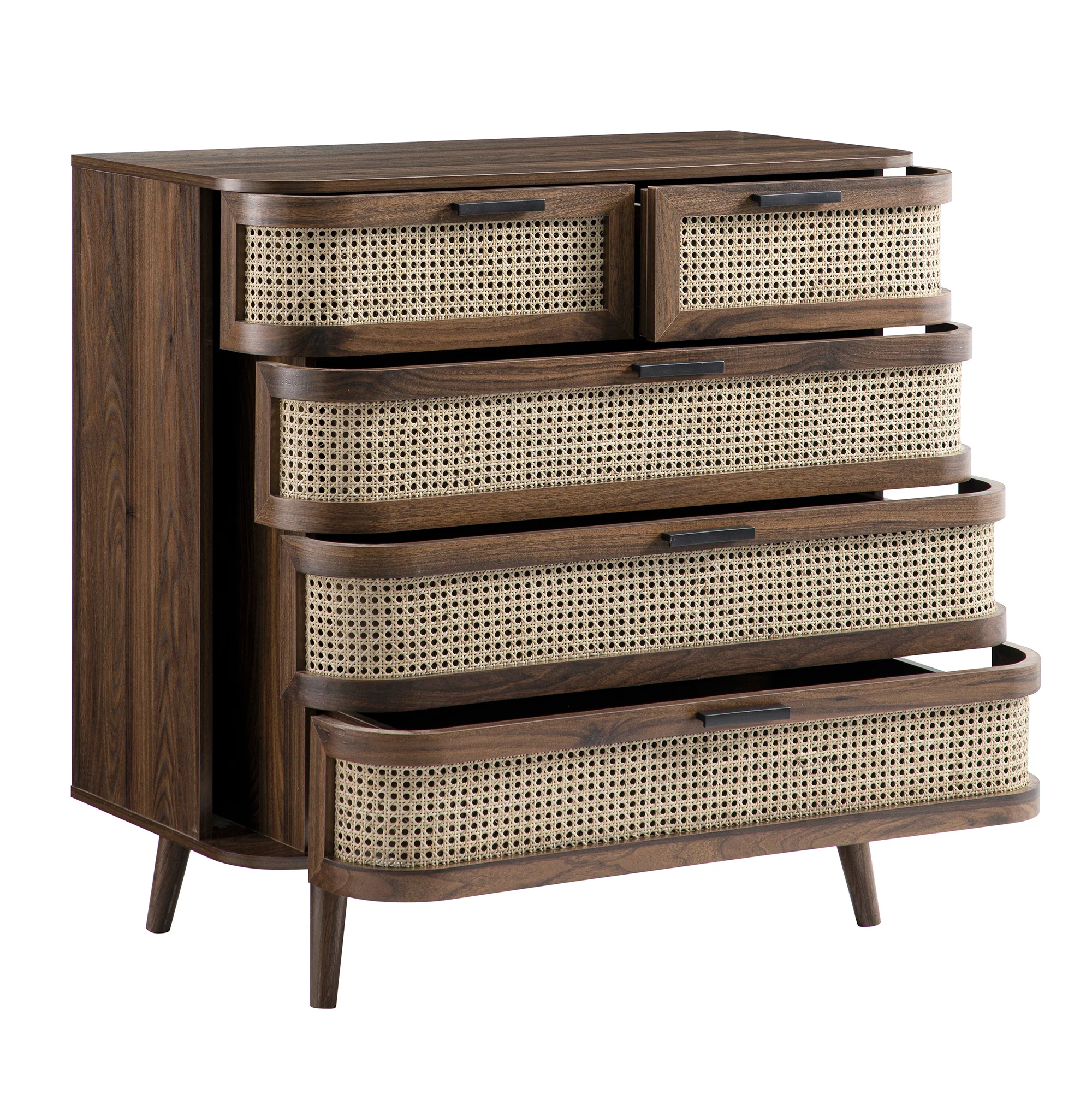 Izzy Curved Rattan Chest of 5 Drawers, Walnut - Image 10