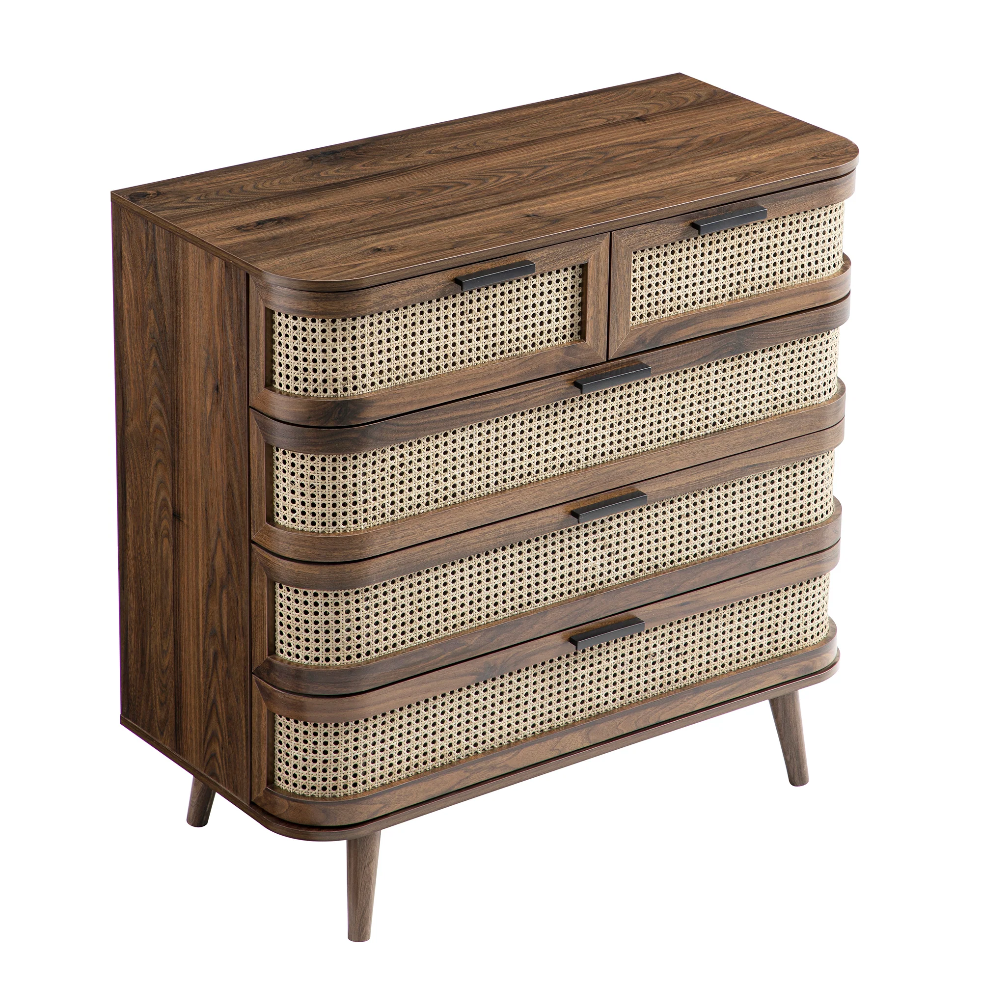 Izzy Curved Rattan Chest of 5 Drawers, Walnut - Image 11