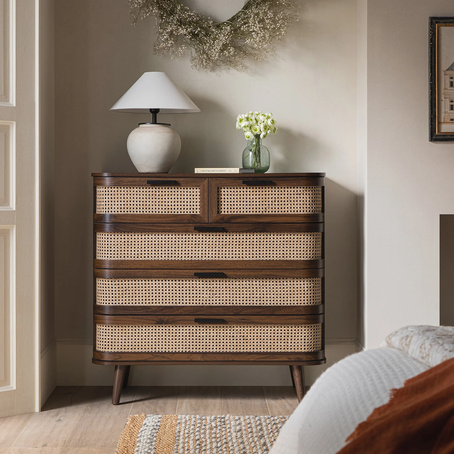 Izzy Curved Rattan Chest of 5 Drawers, Walnut - Image 2