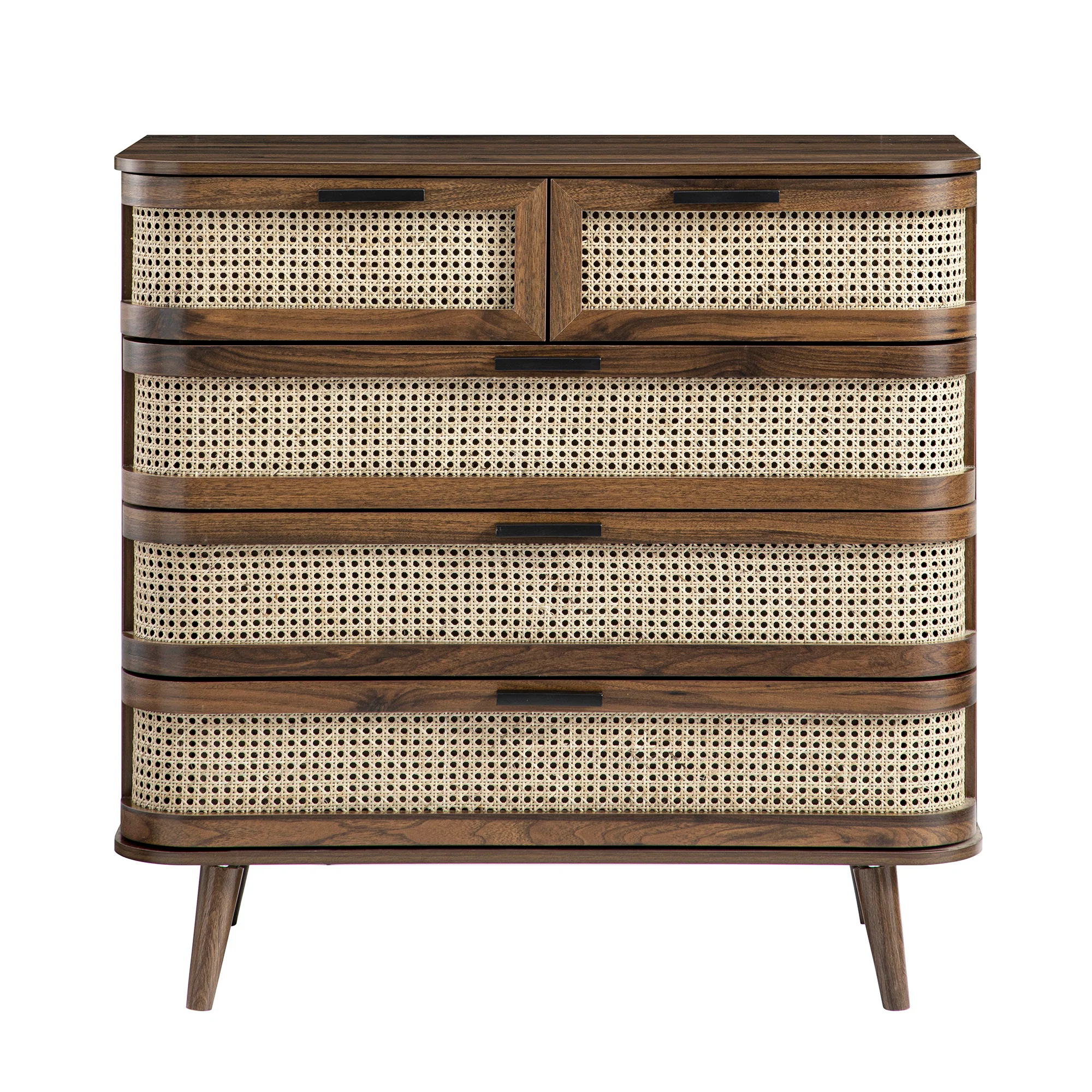 Izzy Curved Rattan Chest of 5 Drawers, Walnut - Image 7