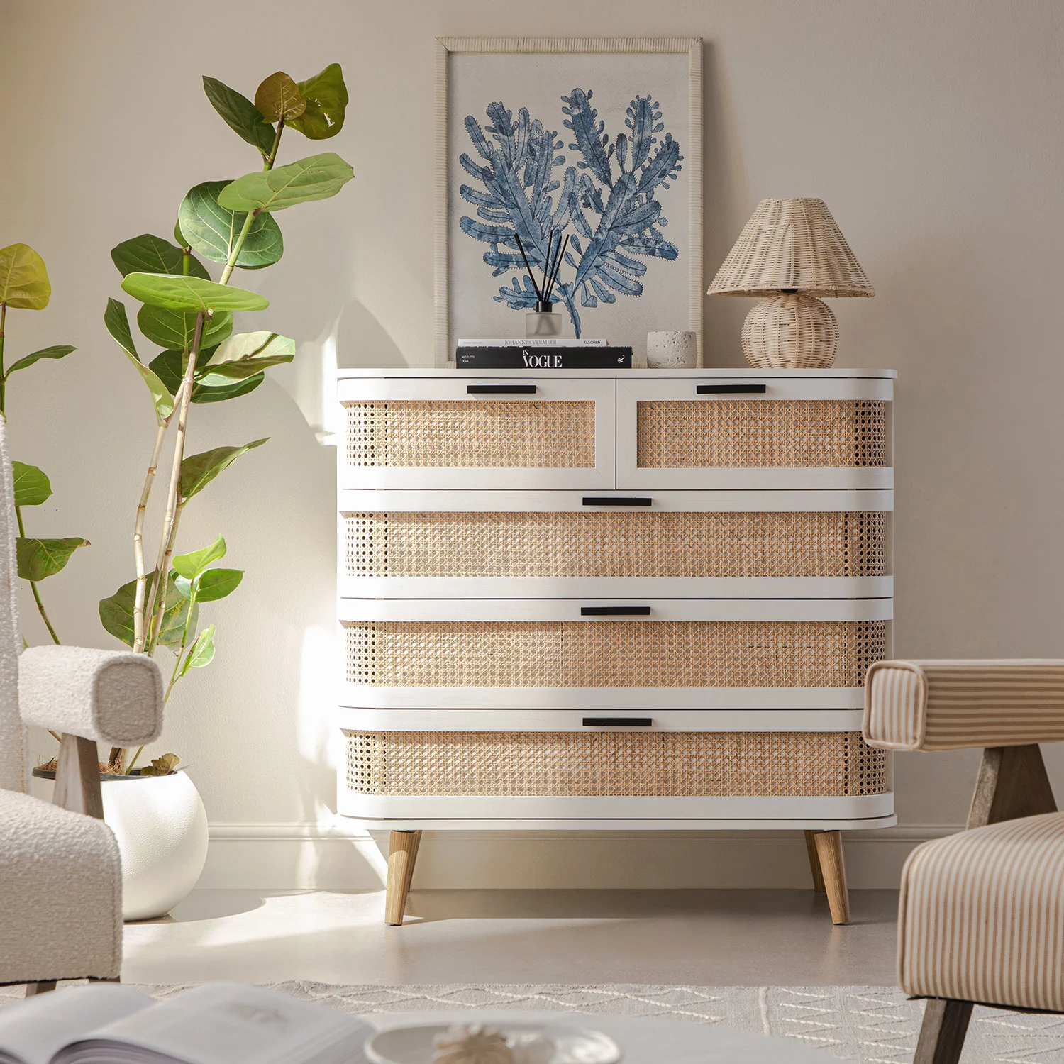 Izzy Curved Rattan Chest of 5 Drawers, White - Image 2