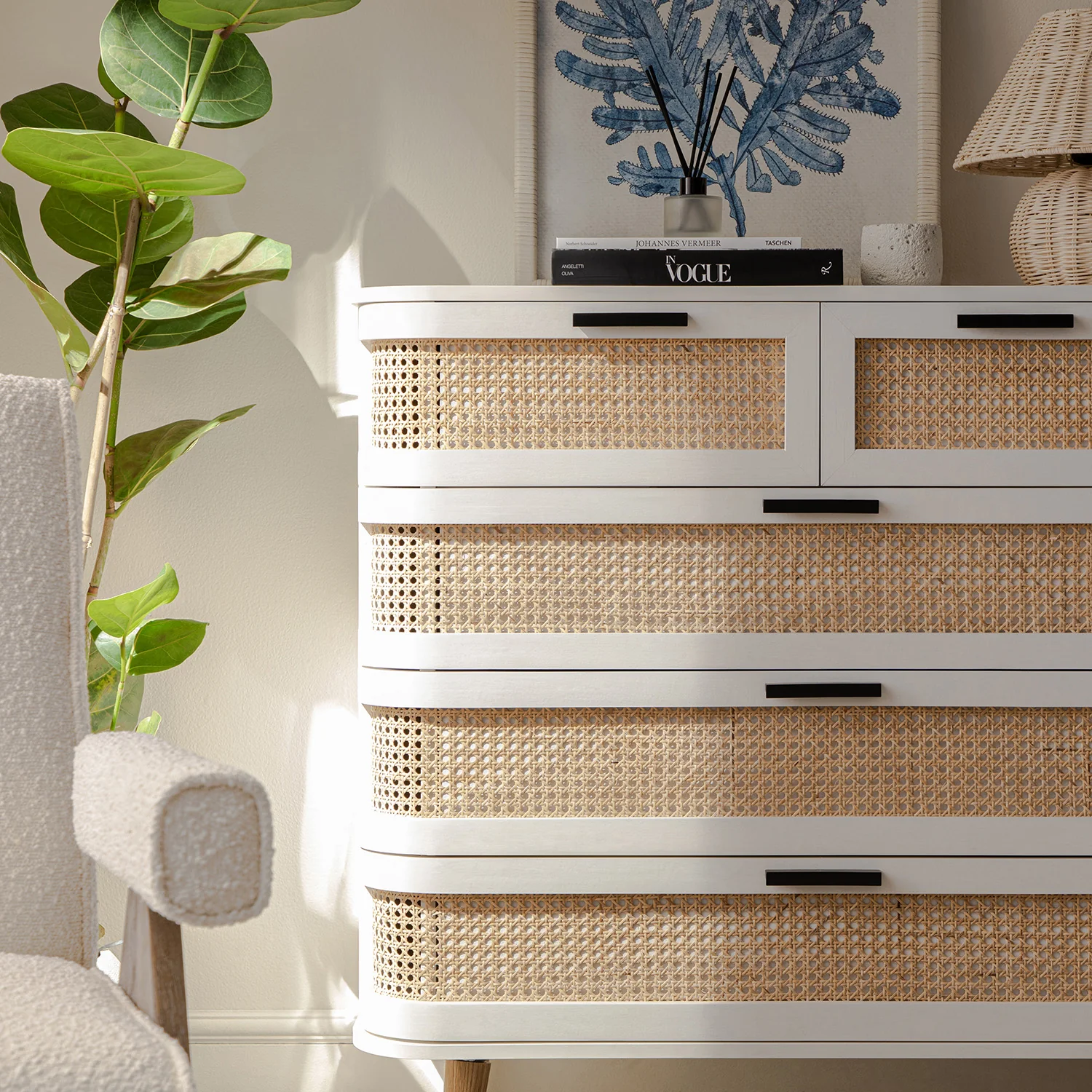 Izzy Curved Rattan Chest of 5 Drawers, White - Image 3
