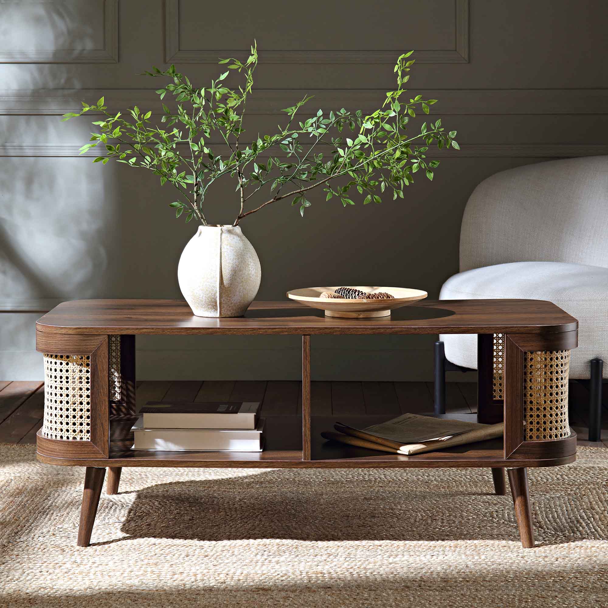 Izzy Curved Rattan Coffee Table, Walnut - Image 2