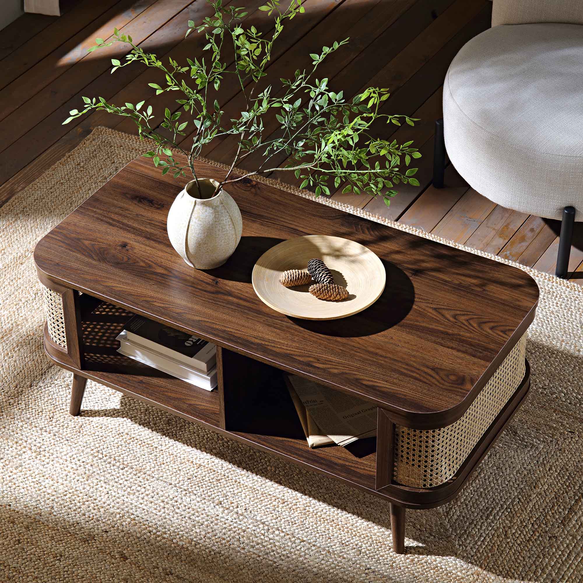 Izzy Curved Rattan Coffee Table, Walnut - Image 3