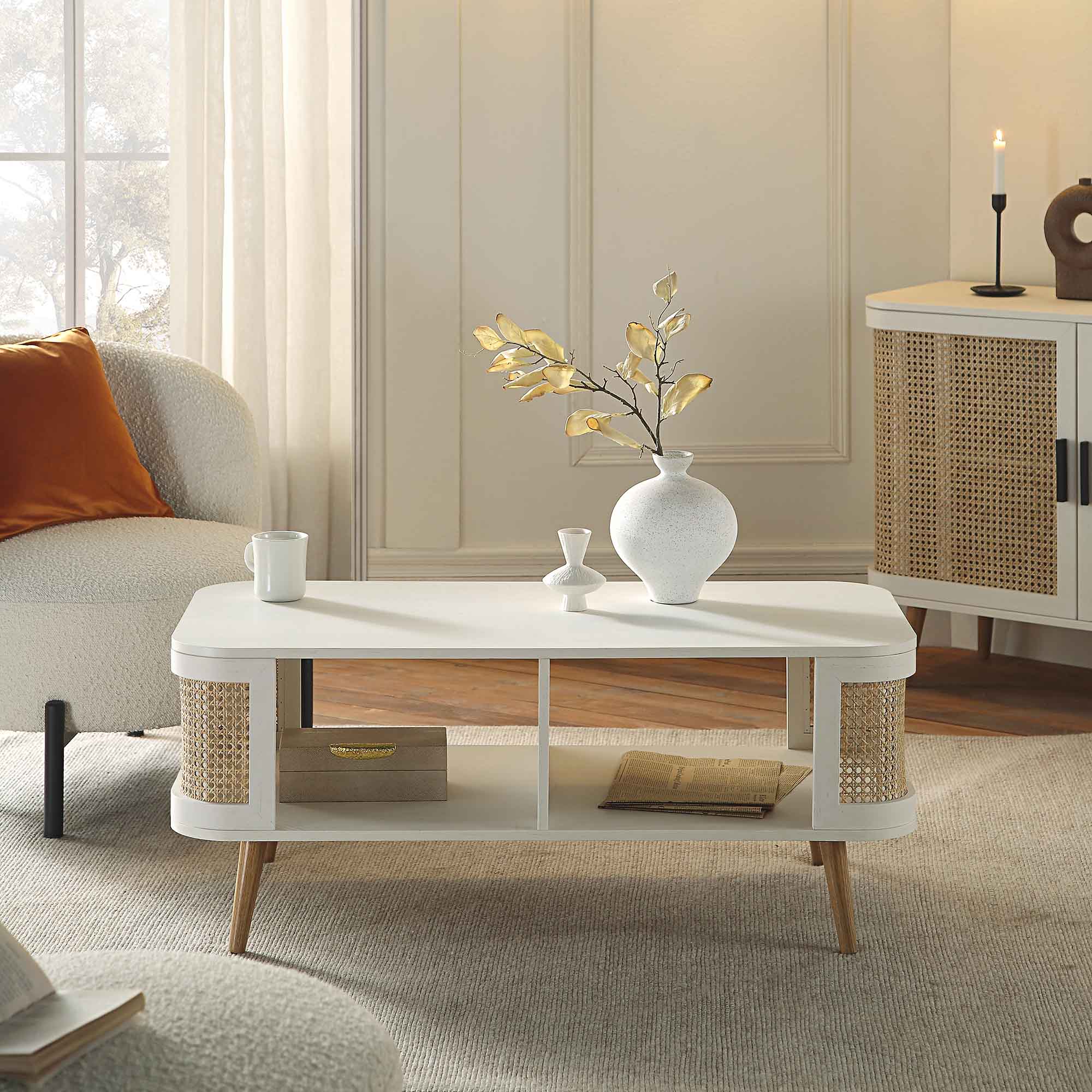 Izzy Curved Rattan Coffee Table, White - Image 2