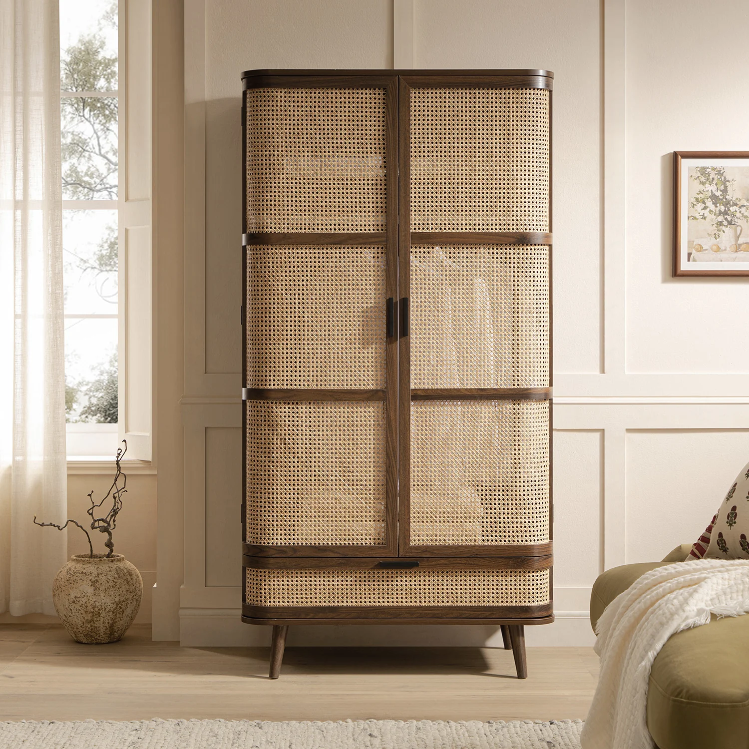 Izzy Curved Rattan Double Wardrobe, Walnut - Image 2