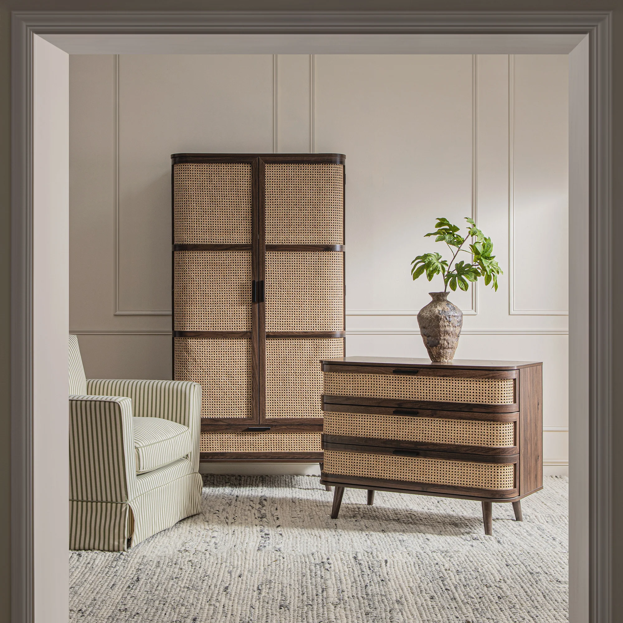 Izzy Curved Rattan Double Wardrobe, Walnut - Image 3
