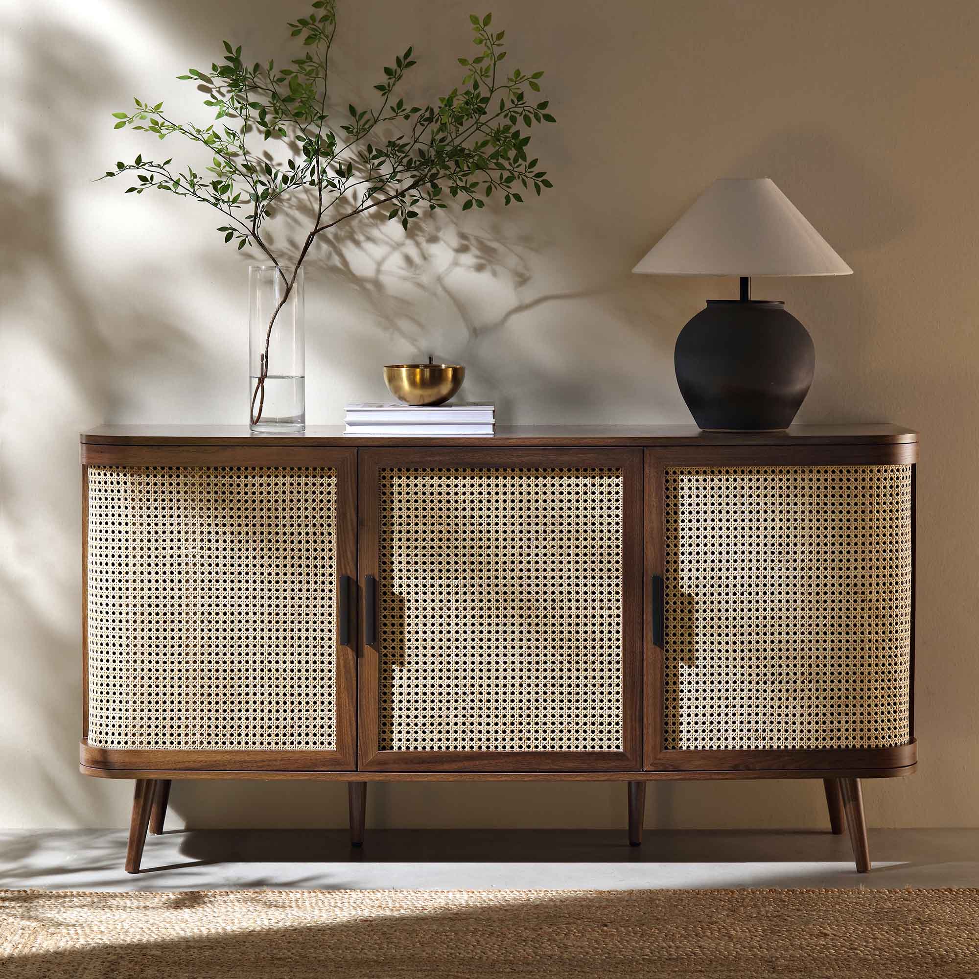 Izzy Curved Rattan Large 3-Door Sideboard, Walnut - Image 2