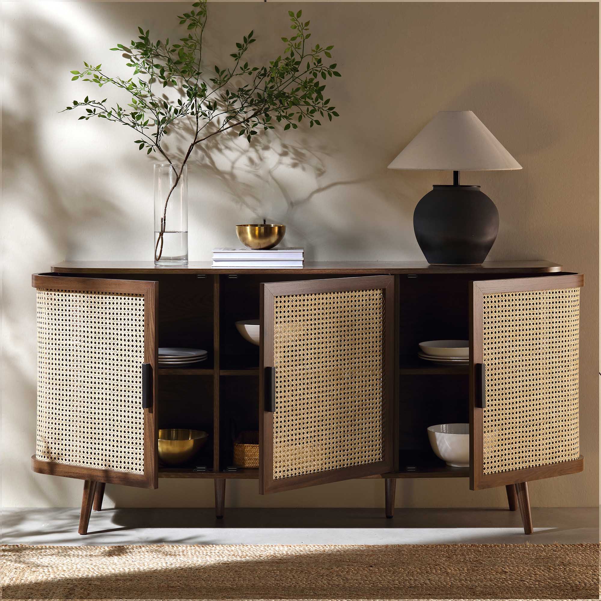 Izzy Curved Rattan Large 3-Door Sideboard, Walnut - Image 3
