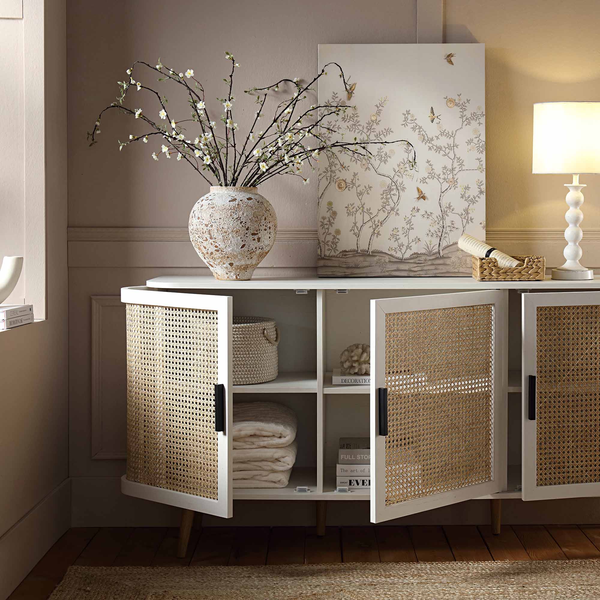 Izzy Curved Rattan Large 3-Door Sideboard, White - Image 3