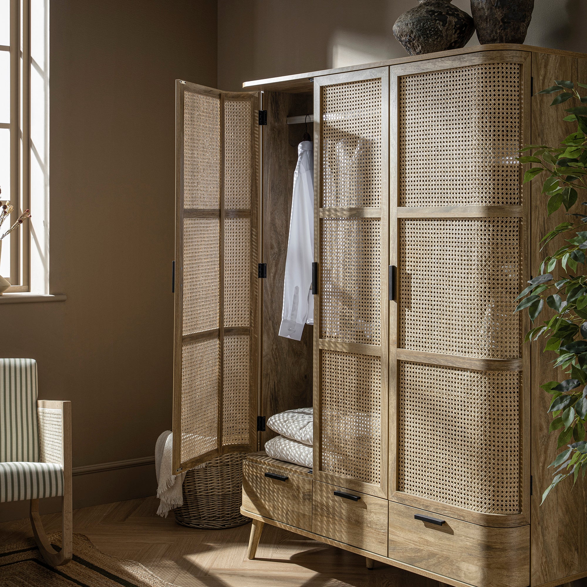Izzy Curved Rattan Triple Wardrobe, Natural - Image 5