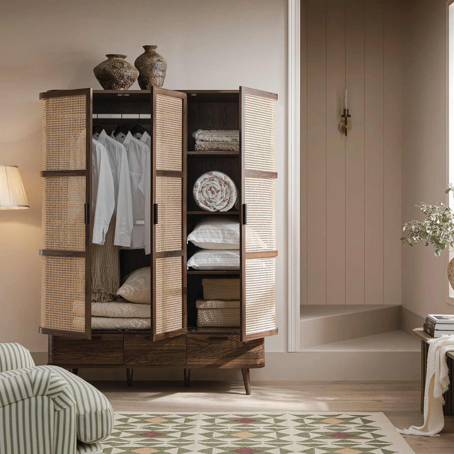 Izzy Curved Rattan Triple Wardrobe, Walnut - Image 2