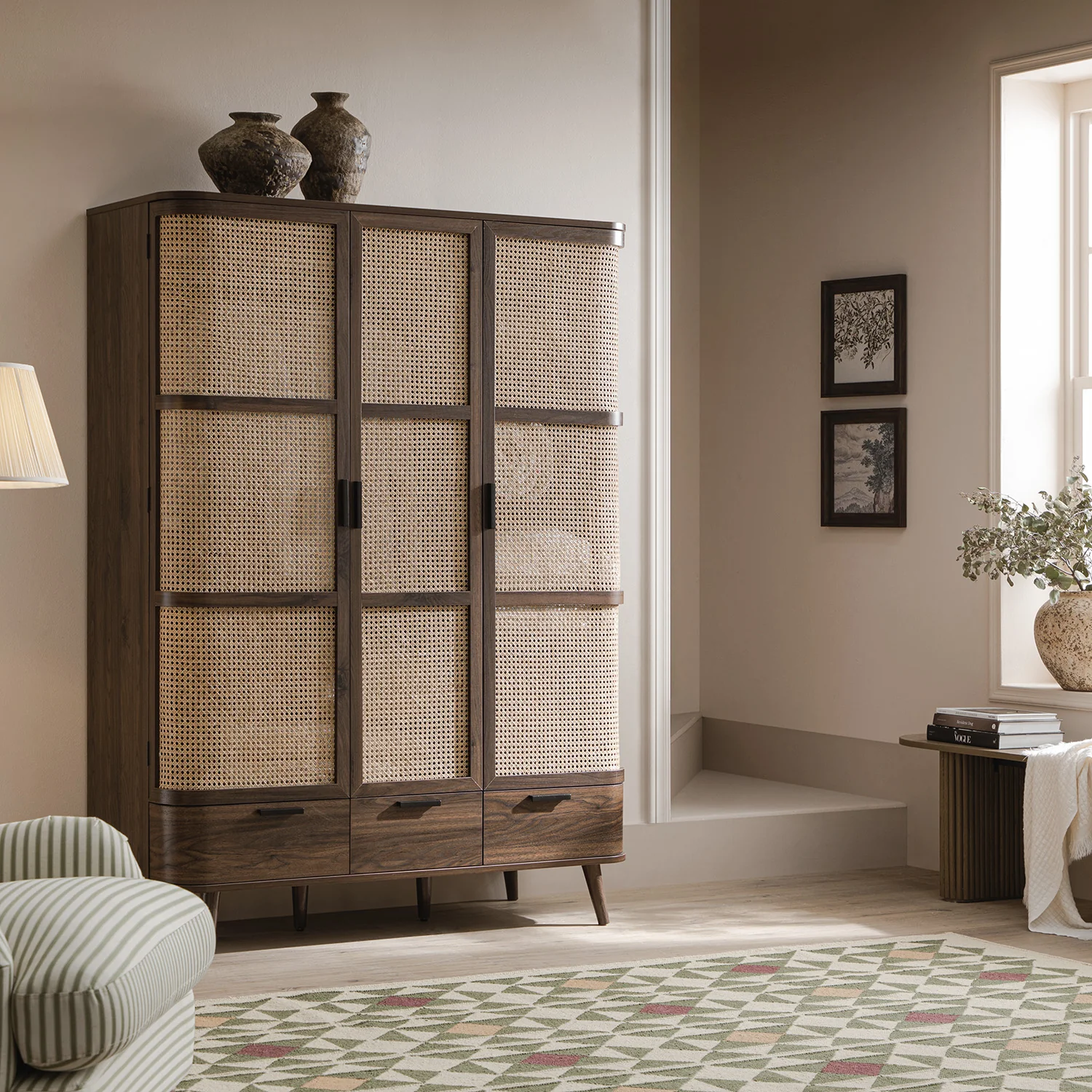 Izzy Curved Rattan Triple Wardrobe, Walnut - Image 3