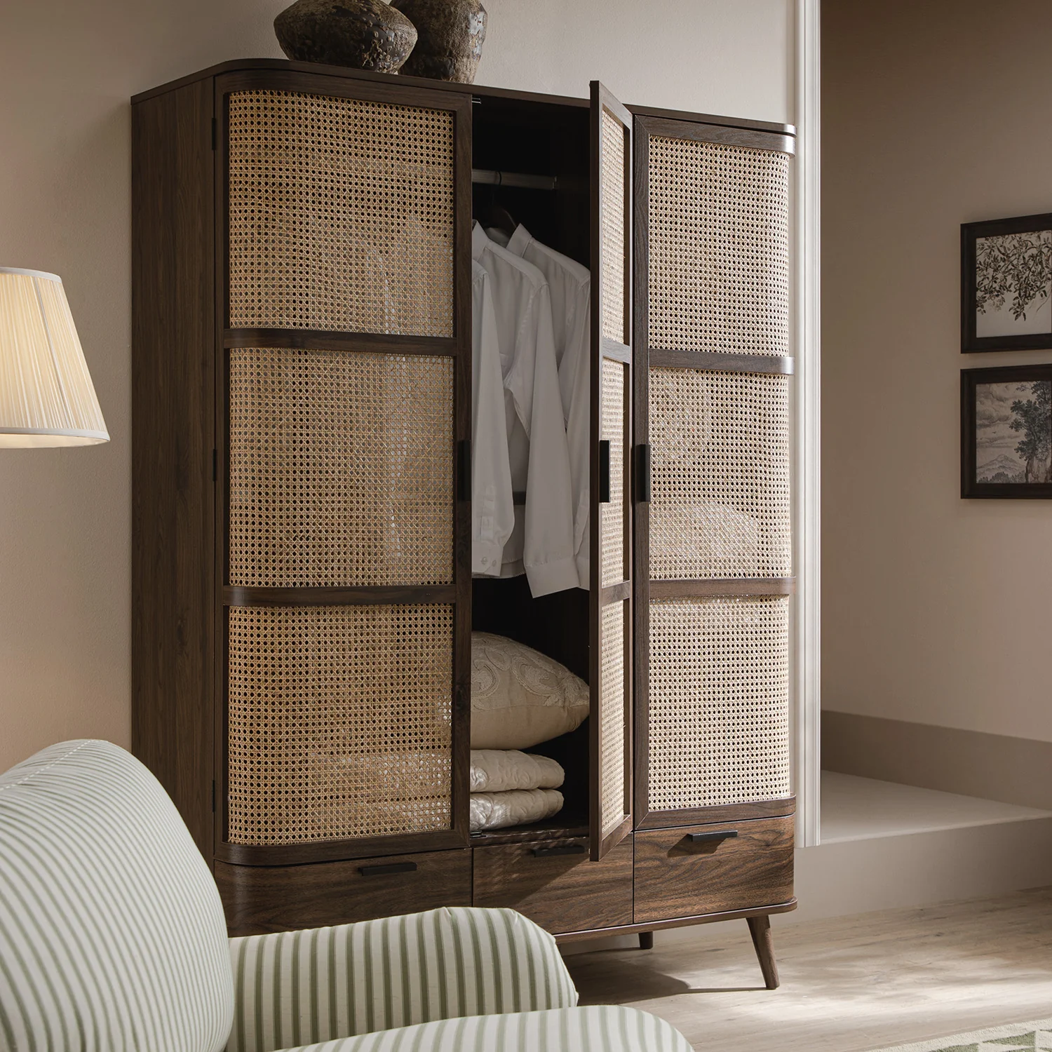 Izzy Curved Rattan Triple Wardrobe, Walnut - Image 4