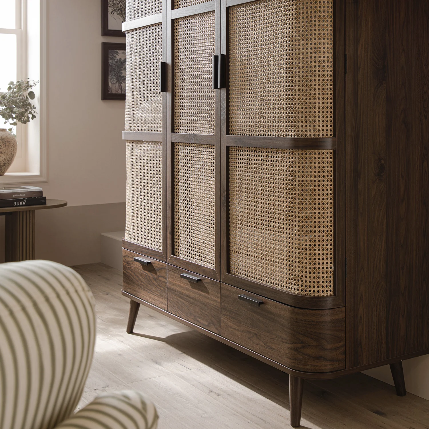 Izzy Curved Rattan Triple Wardrobe, Walnut - Image 6