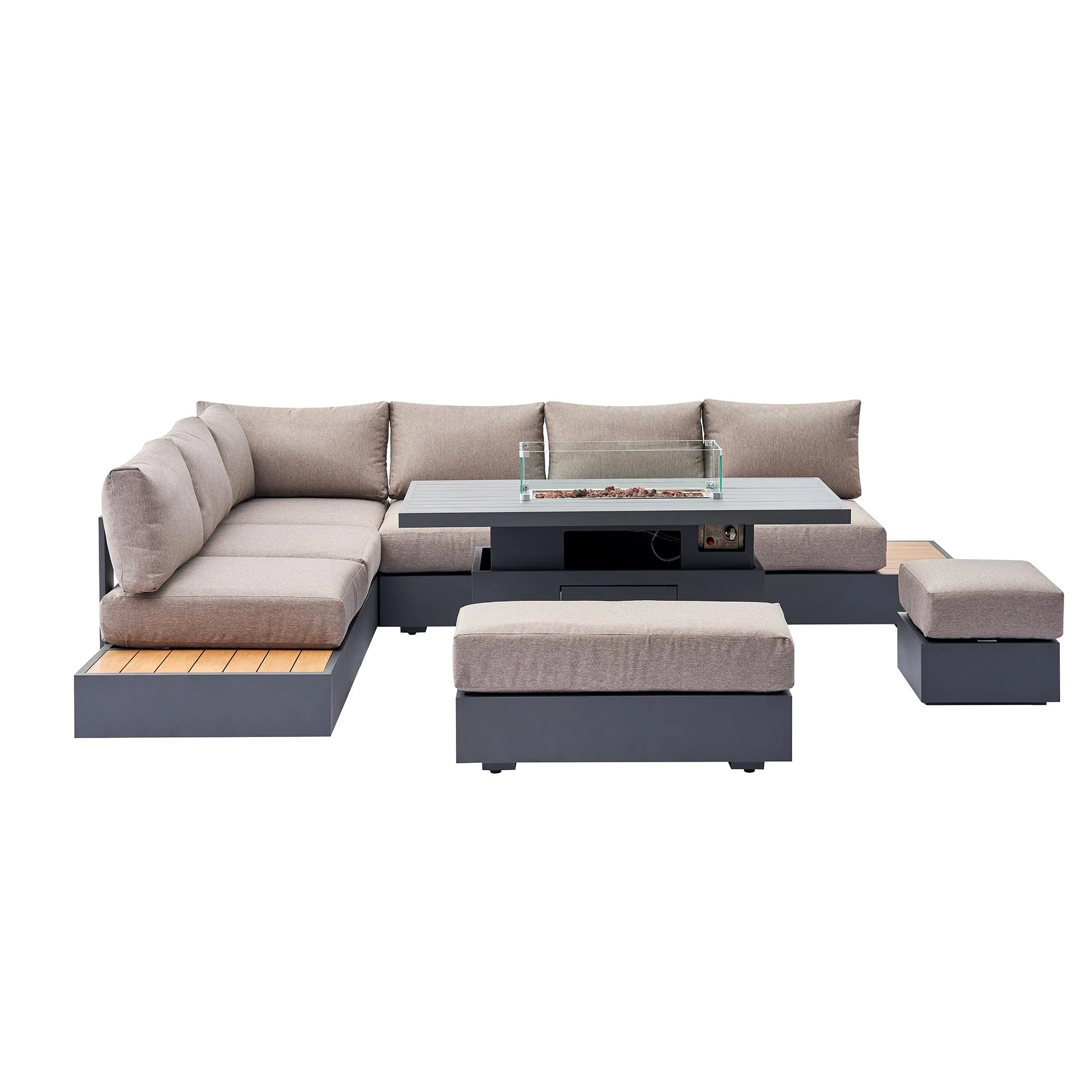 Jardin Aluminium Large Corner Casual Dining Set with Rising Firepit Table, Granite - Image 11