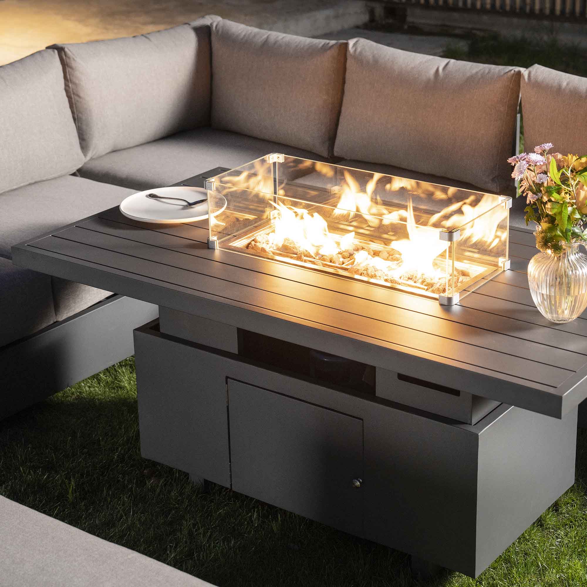 Jardin Aluminium Large Corner Casual Dining Set with Rising Firepit Table, Granite - Image 4