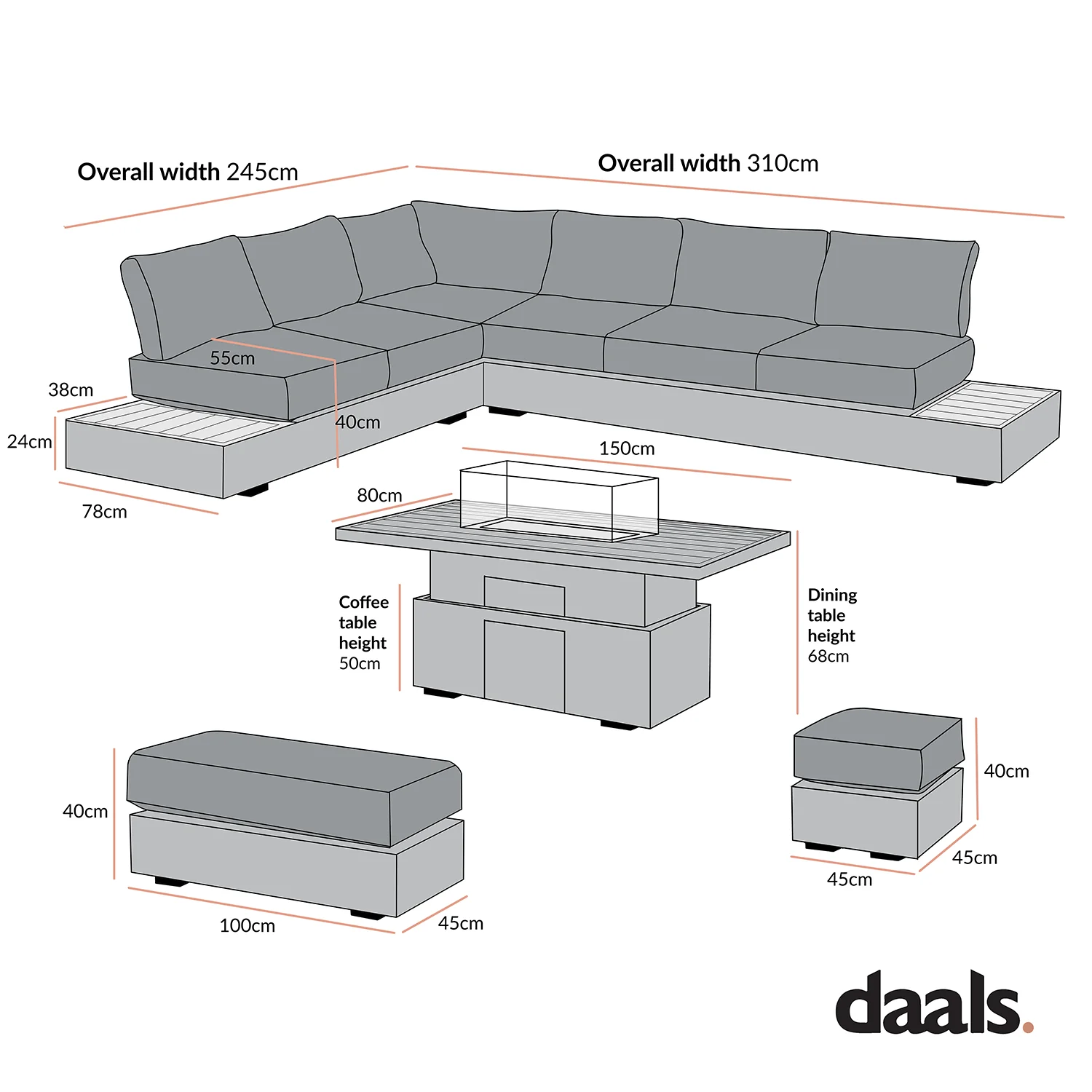 Jardin Aluminium Large Corner Casual Dining Set with Rising Firepit Table, Granite - Image 10