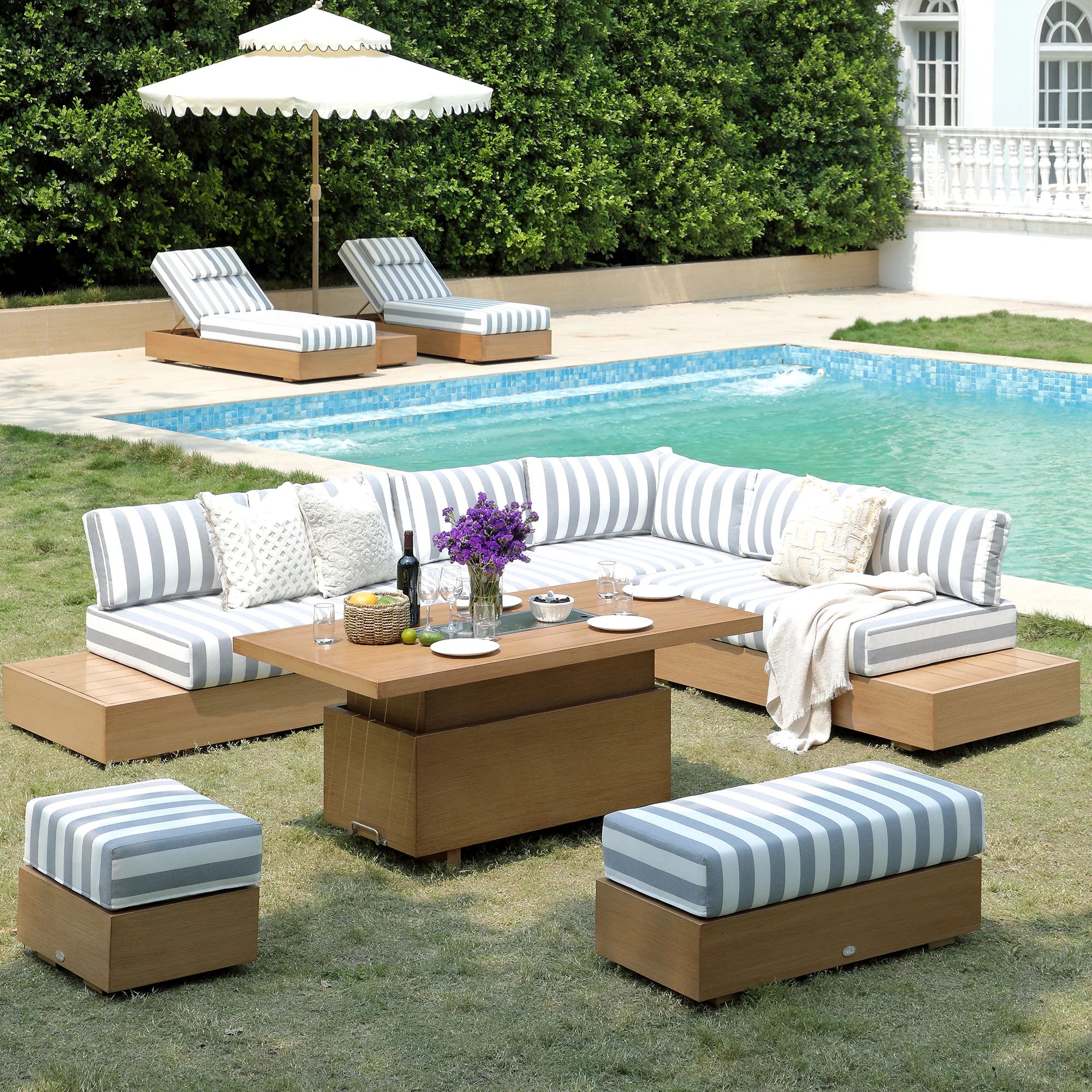 Jardin Aluminium Large Corner Casual Dining Set with Rising Firepit Table, Natural with Blue Stripes - Image 5