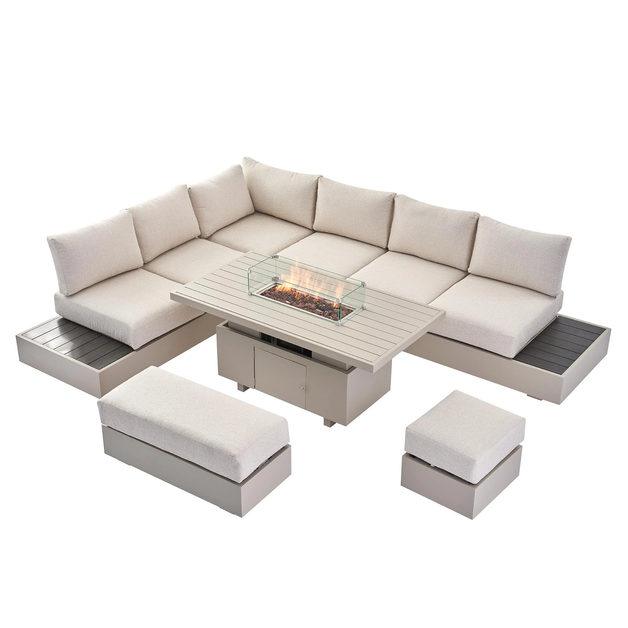 Jardin Aluminium Large Corner Casual Dining Set with Rising Firepit Table, Pumice - Image 7