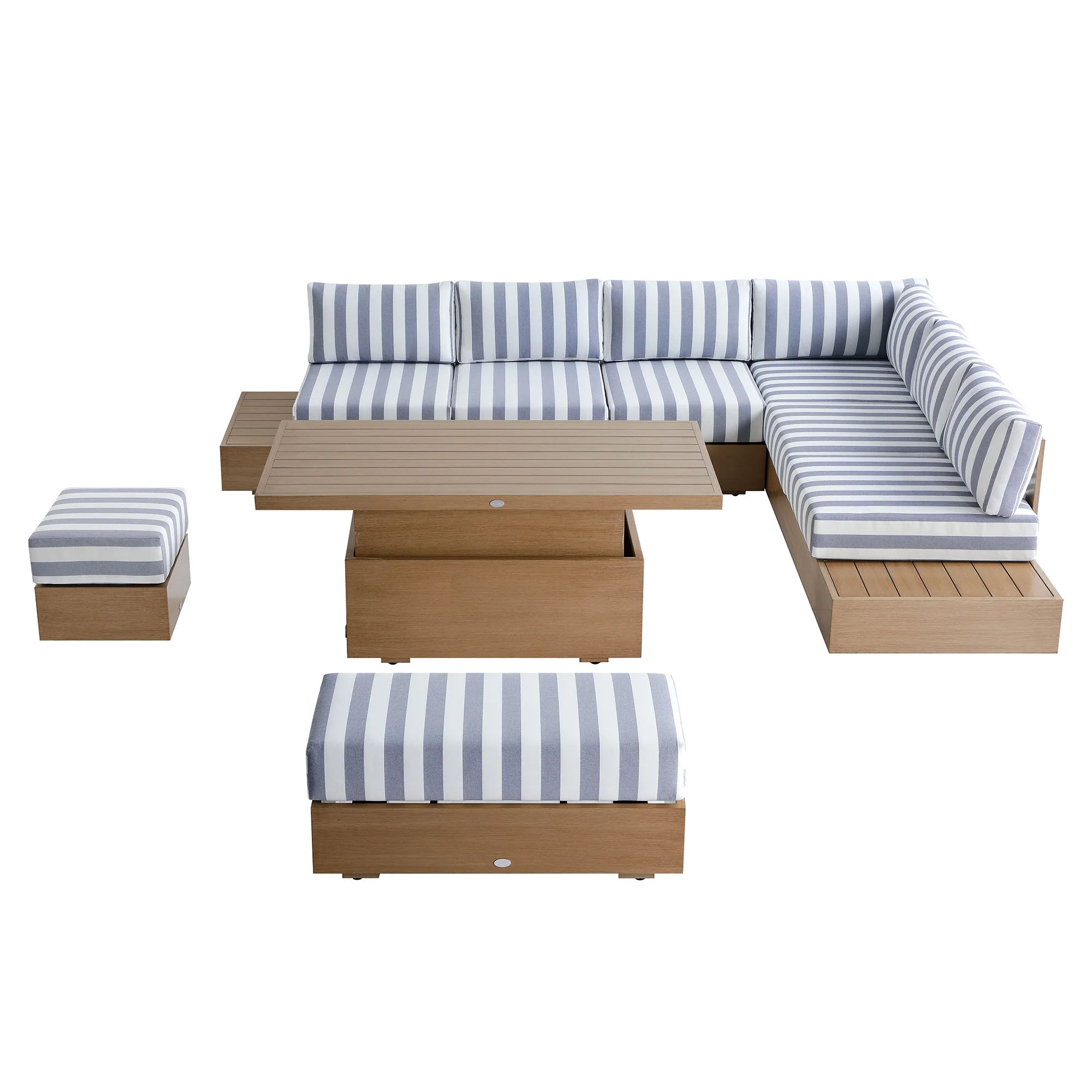 Jardin Aluminium Large Corner Casual Dining Set with Rising Table, Natural with Blue Stripes - Image 12