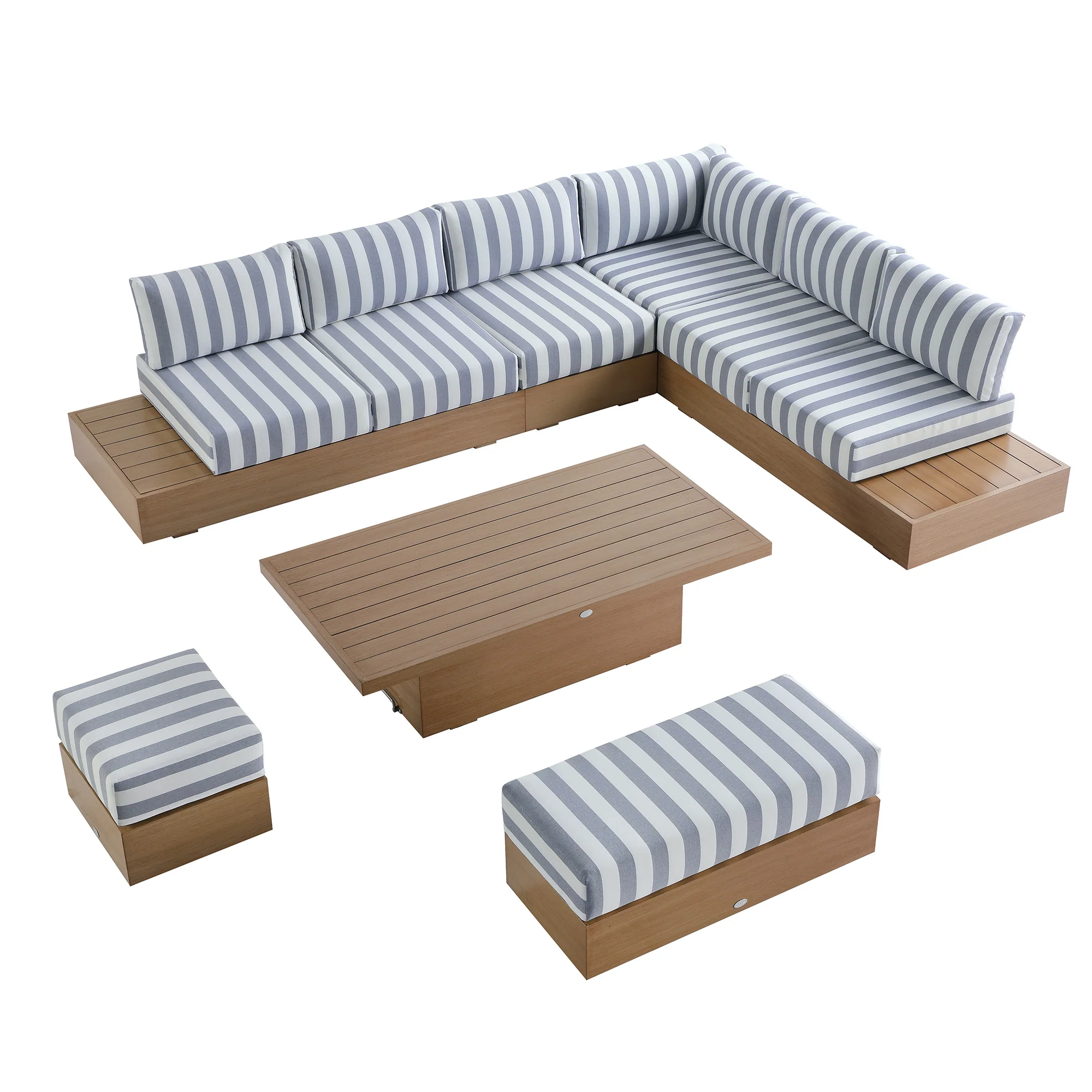 Jardin Aluminium Large Corner Casual Dining Set with Rising Table, Natural with Blue Stripes - Image 13