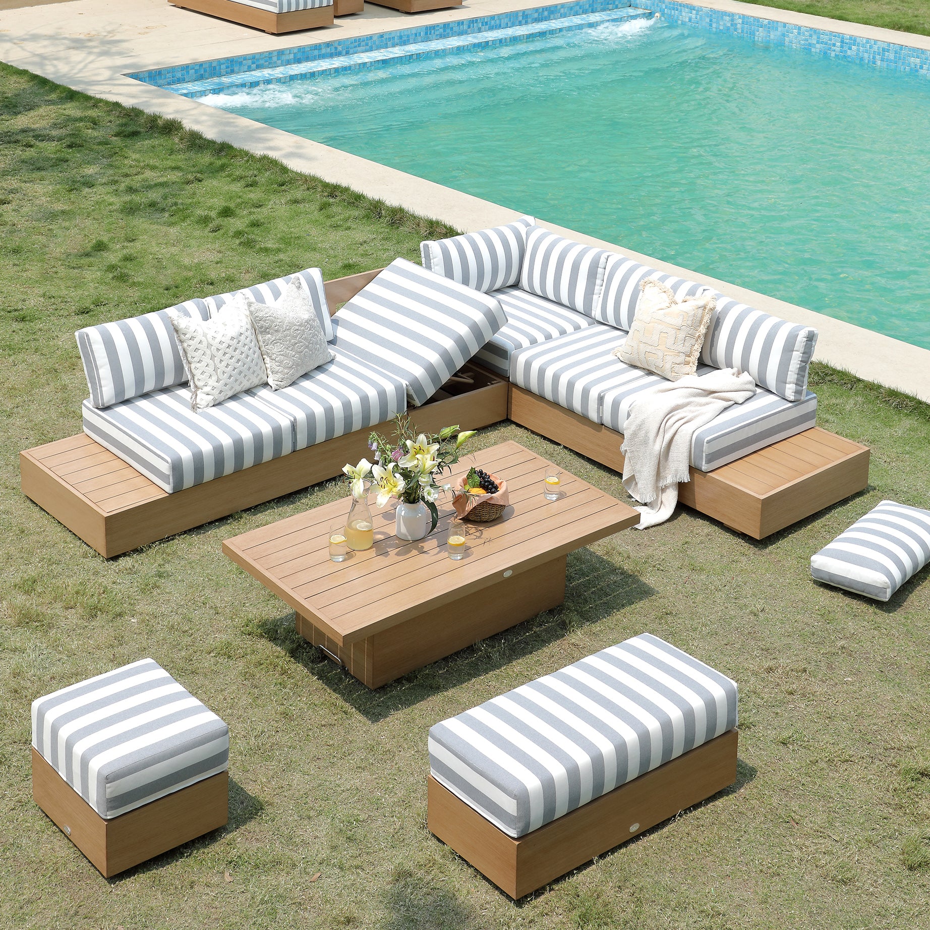 Jardin Aluminium Large Corner Casual Dining Set with Rising Table, Natural with Blue Stripes - Image 5
