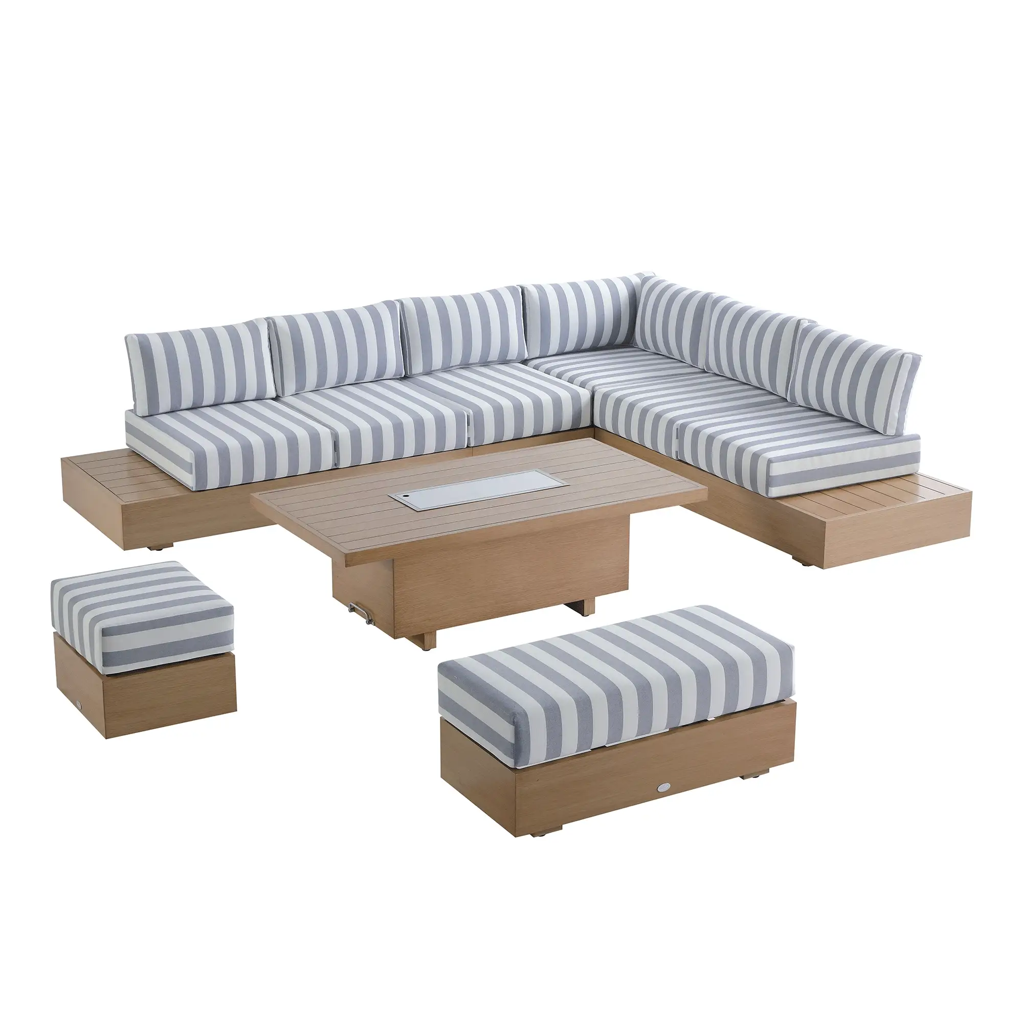 Jardin Aluminium Large Corner Casual Dining Set with Rising Table, Natural with Blue Stripes - Image 9