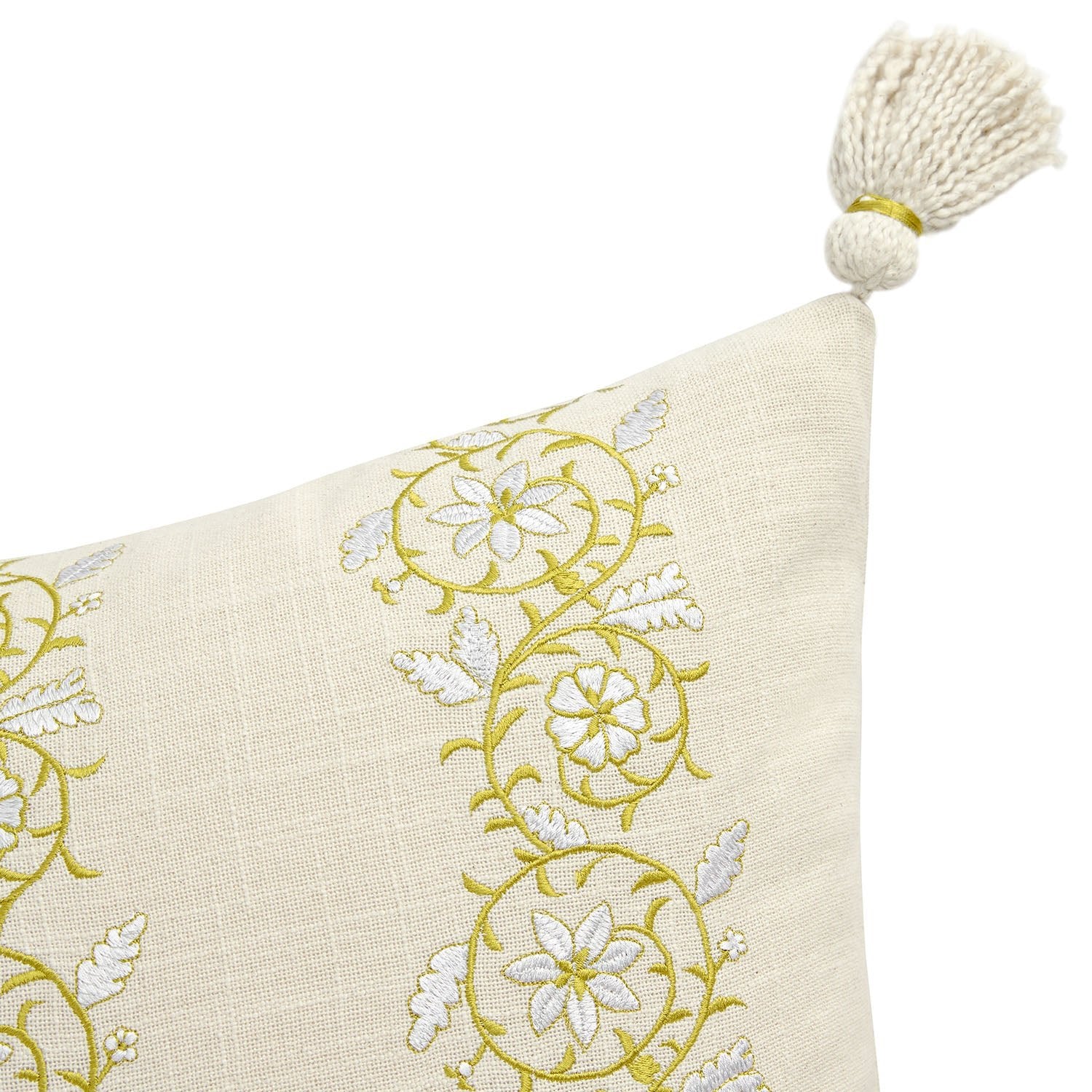 Jasmina Cream Floral Embroidered Linen Blend Tassel Cushion - Image 2