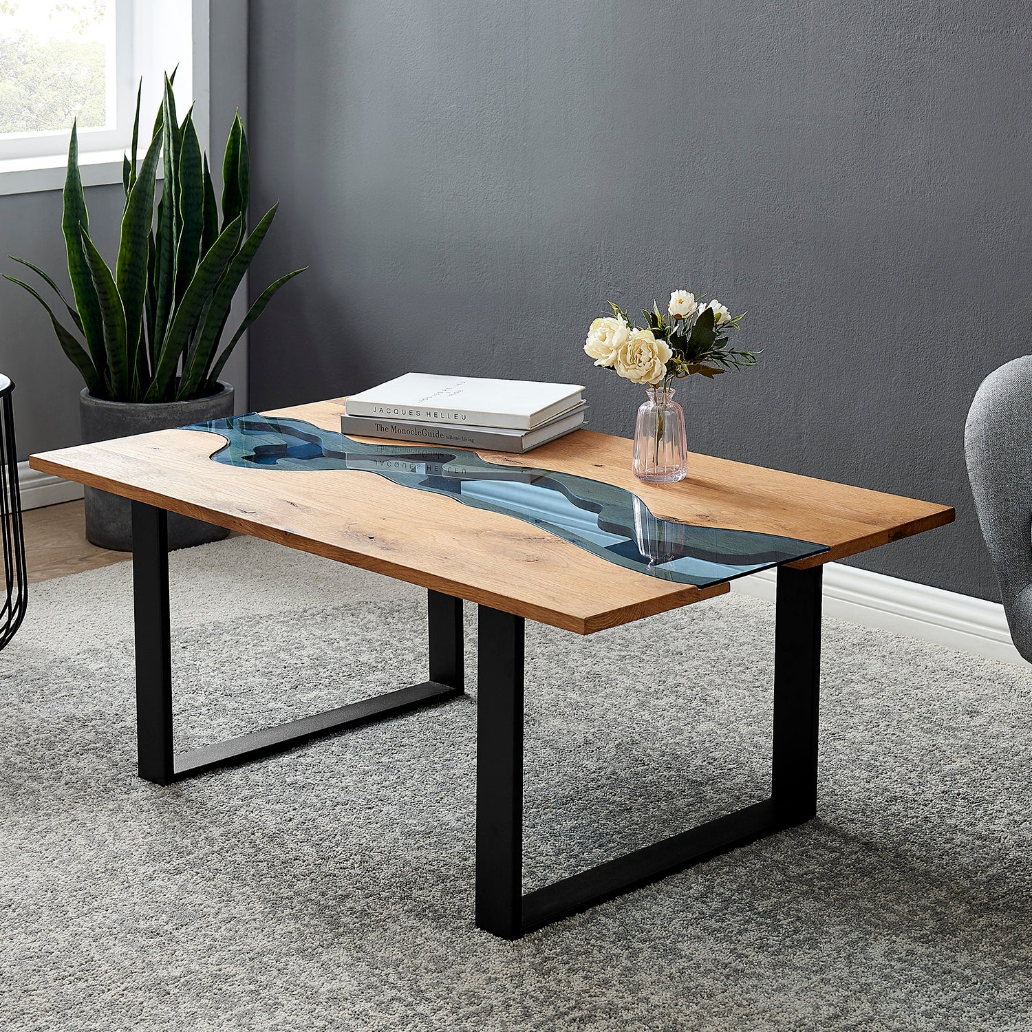 Kelonwa River Effect solid Oak and inset Glass Coffee Table - Image 2