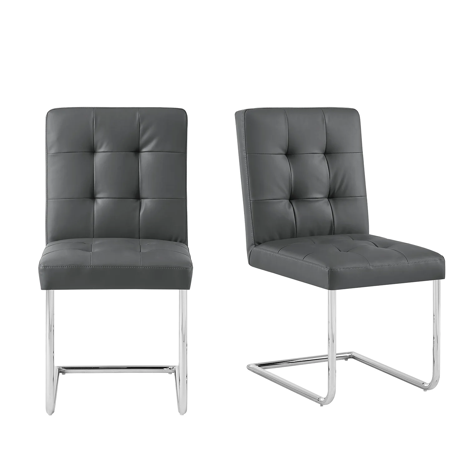 Keyston Set of 2 Dark Grey PU Leather Upholstered Dining Chairs with Chrome Legs - Image 2