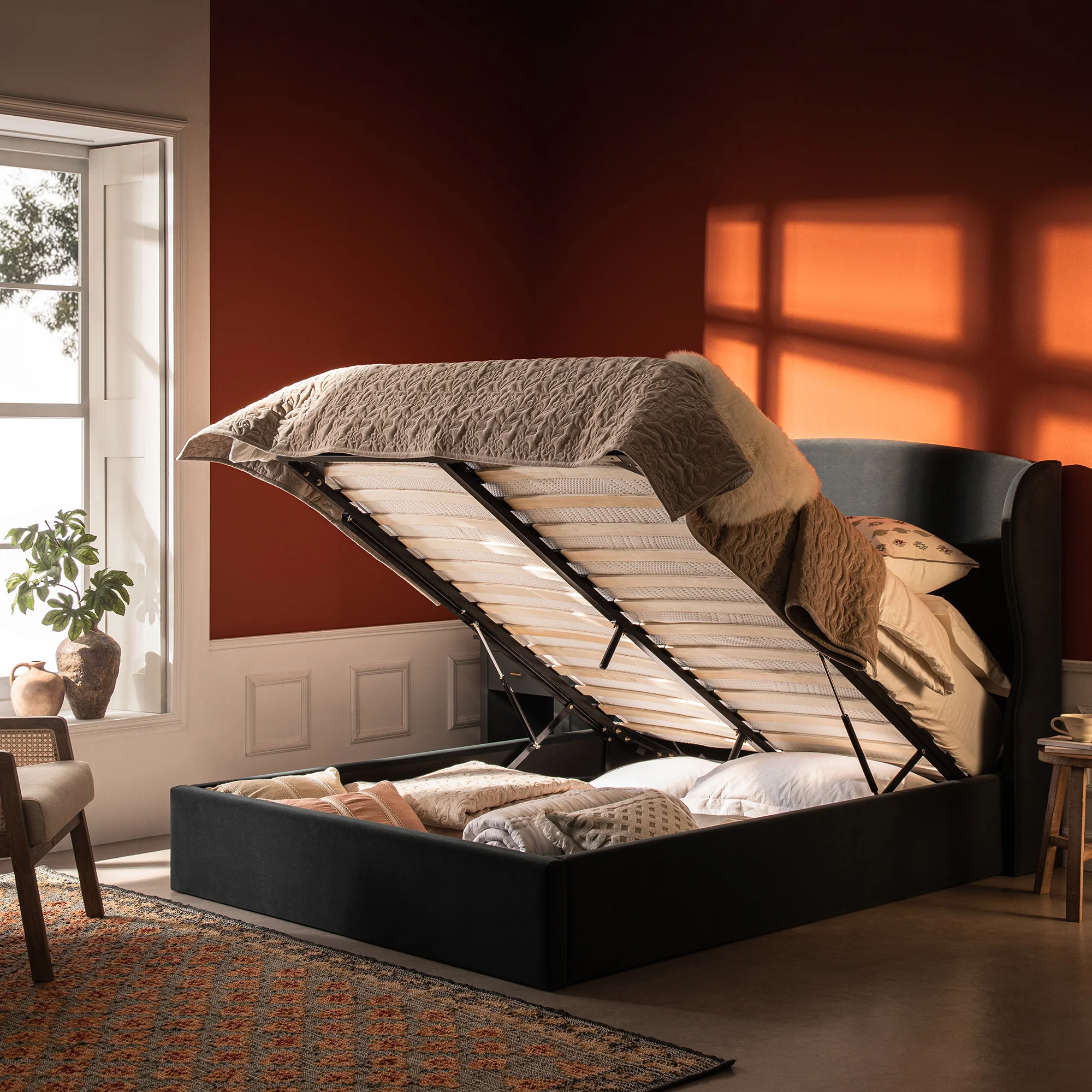 Kimberly Winged Upholstered Storage Bed, Aegean Blue Velvet - Image 3