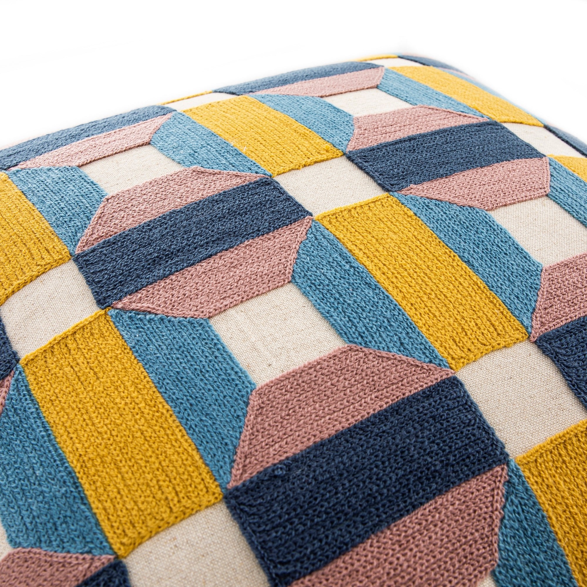 Knox Pink Blue & Yellow Crewelwork Wool Embroidered Cushion - Image 2