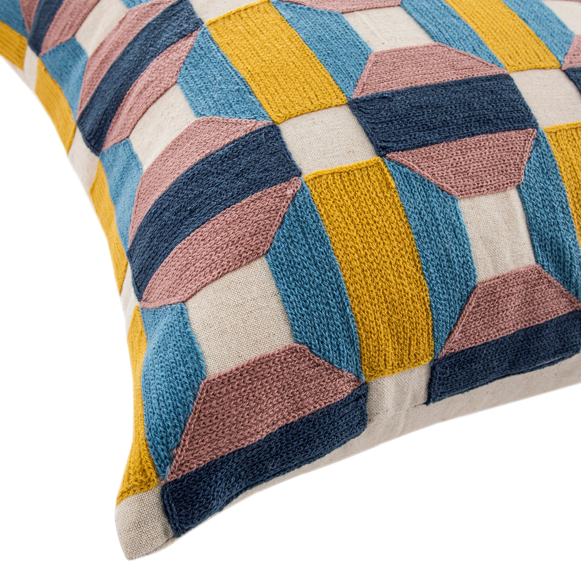 Knox Pink Blue & Yellow Crewelwork Wool Embroidered Cushion - Image 3
