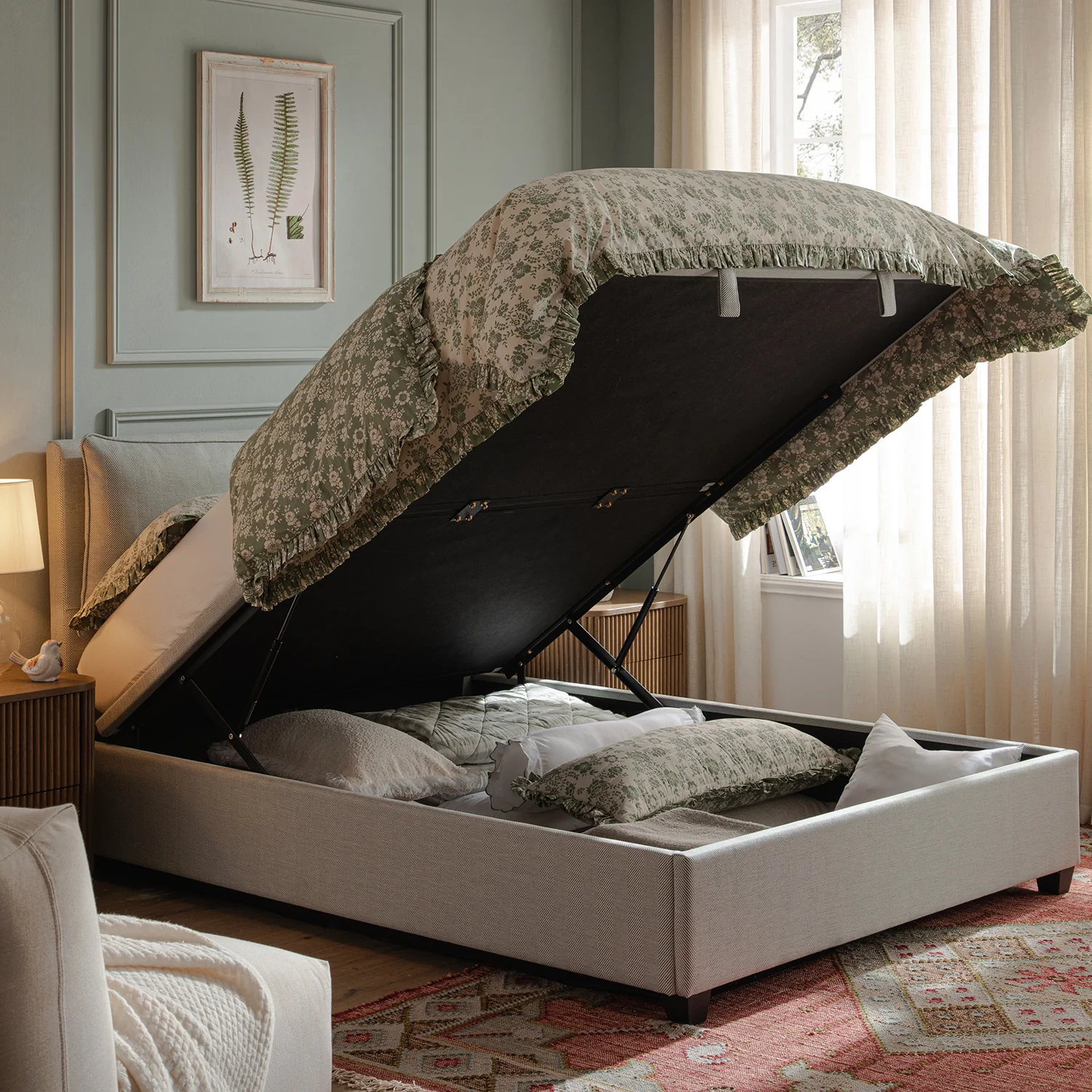Kricia Upholstered Storage Bed with Pillow Headboard, Slate Blue Chevron - Image 3